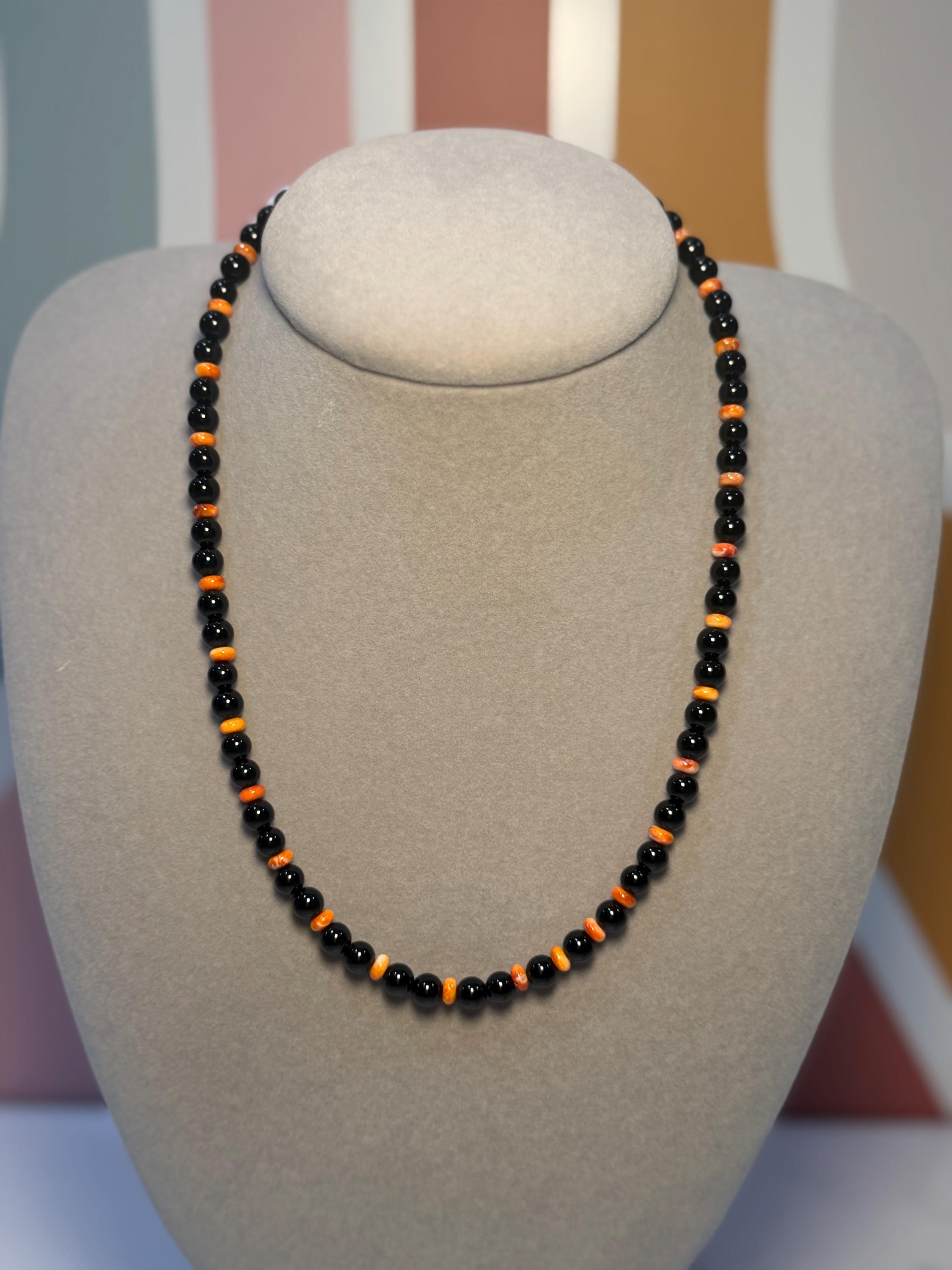 Naomi Garcia Black Onyx Orange Spiny Oyster Beaded Necklace, Sterling Silver Clasp 2