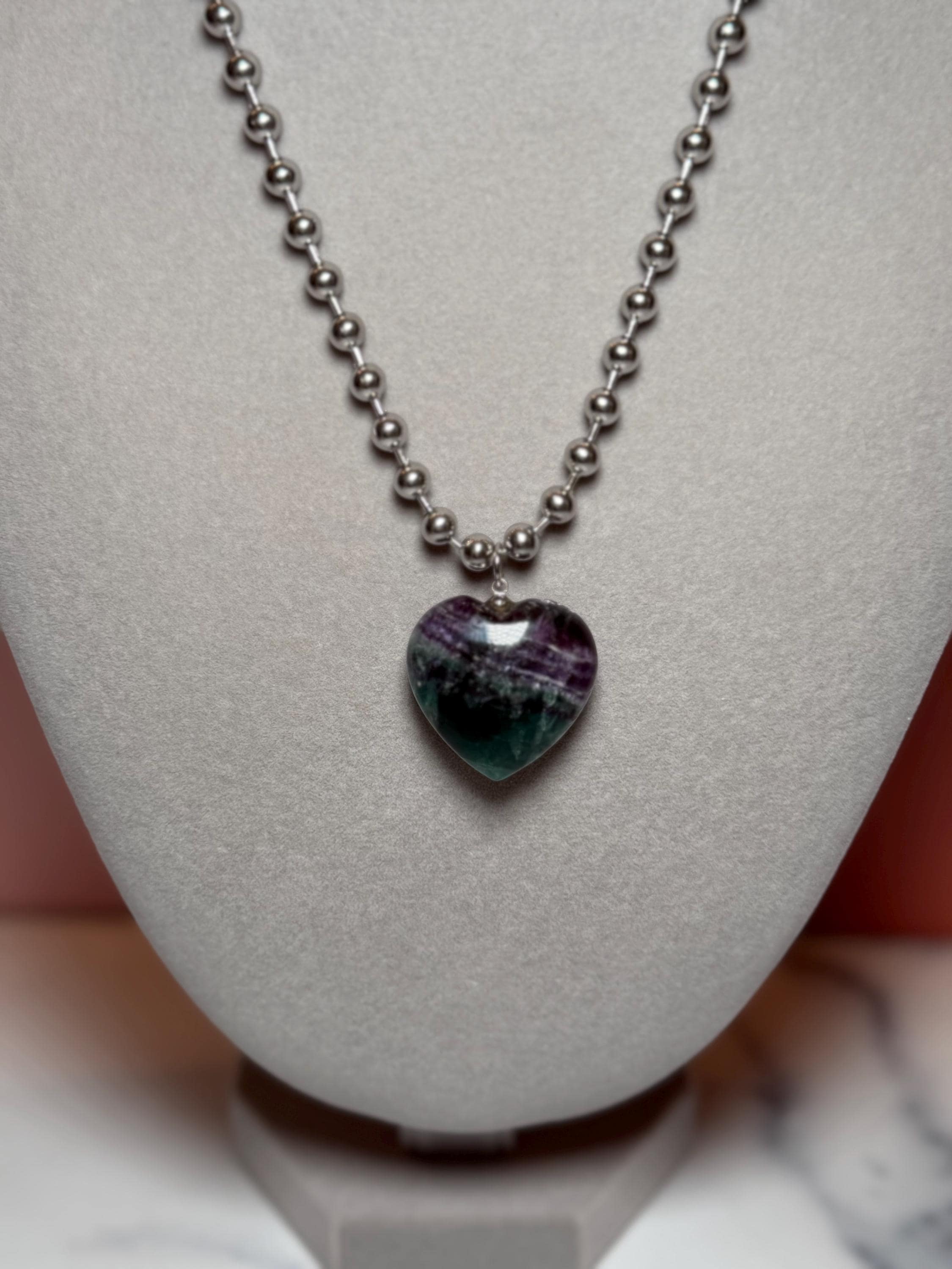 Fluorite Heart Necklace, Sterling Silver Ball Chain, Multicolor Gemstone Pendant 6