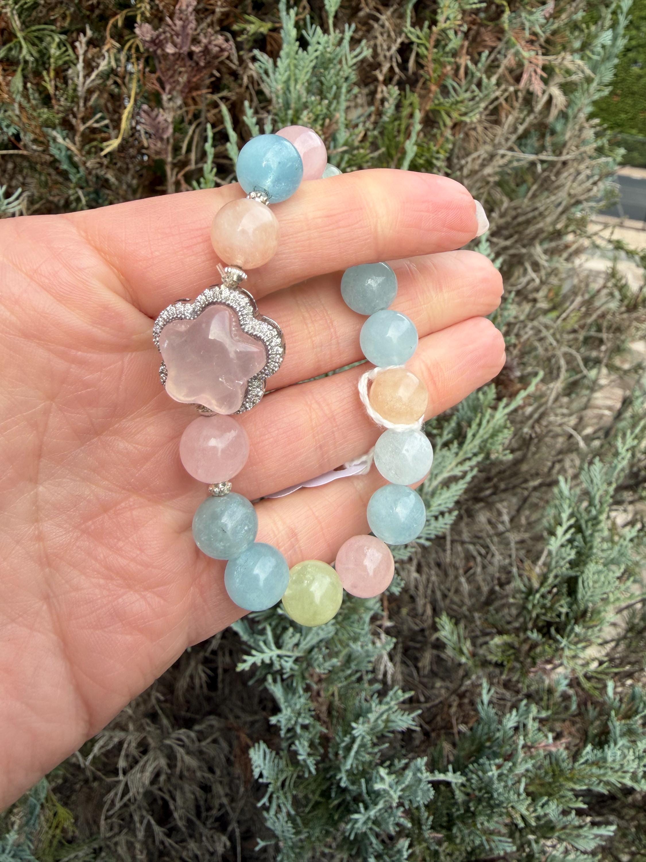 Mixed Beryl Bracelet with Rose Quartz Flower Charm • Aquamarine, Morganite, Heliodor Jewelry