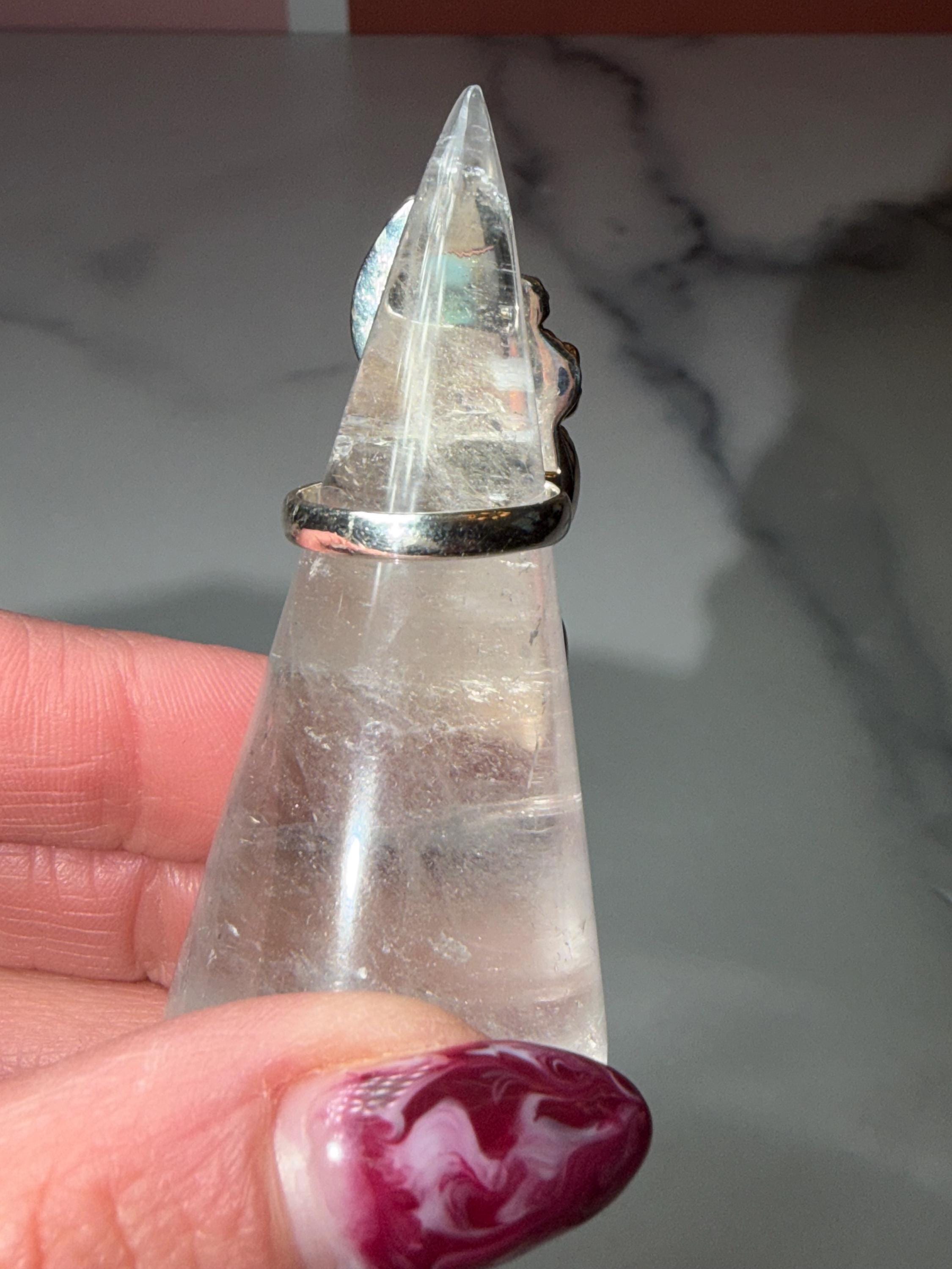 Triple Prehnite Moonstone Floral Ring • Sterling Silver Boho Statement Gemstone (Size 7) 6