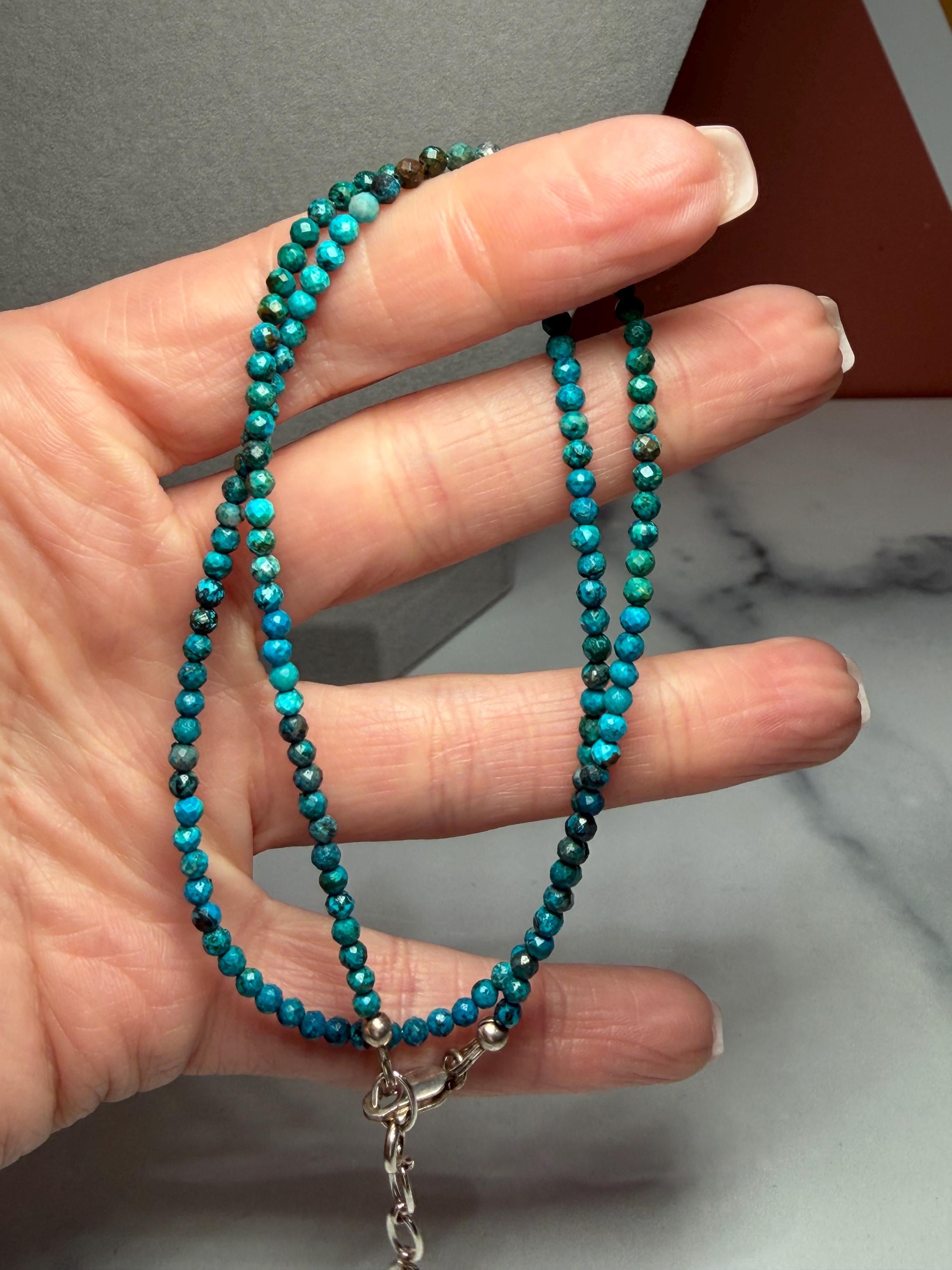 Faceted Chrysocolla Beaded Necklace, Sterling Silver Chain, Blue Green, 17 Inch (2 Inch Extender) 3