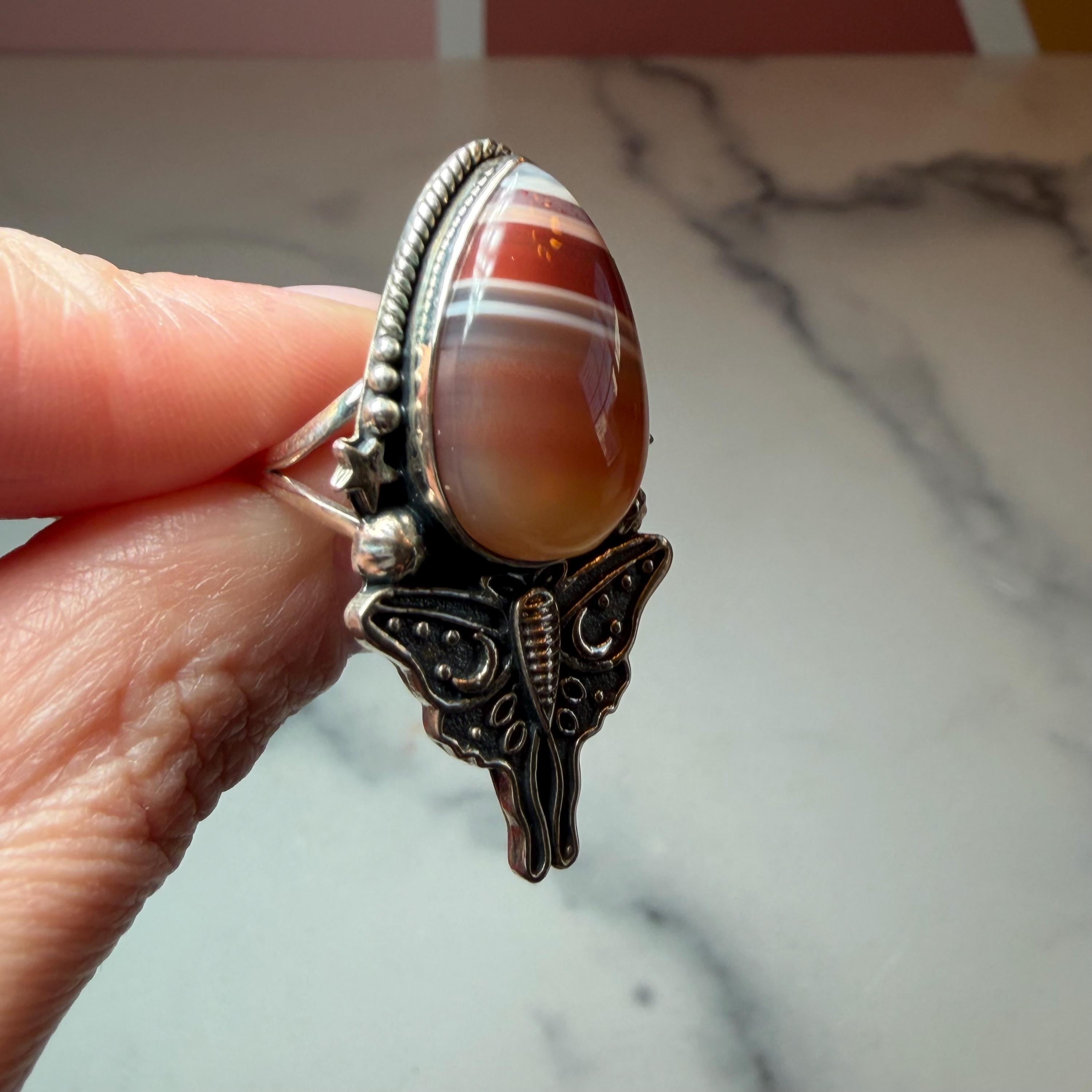 Botswana Agate Luna Moth Ring • Sterling Silver • Celestial Boho Statement Jewelry (size 7) 13