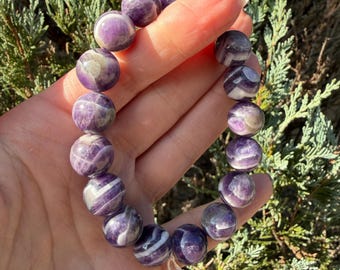 Chevron Dream Amethyst Smoky Quartz Bracelet • 13mm Beaded Crystal Jewelry • Intuition Clarity