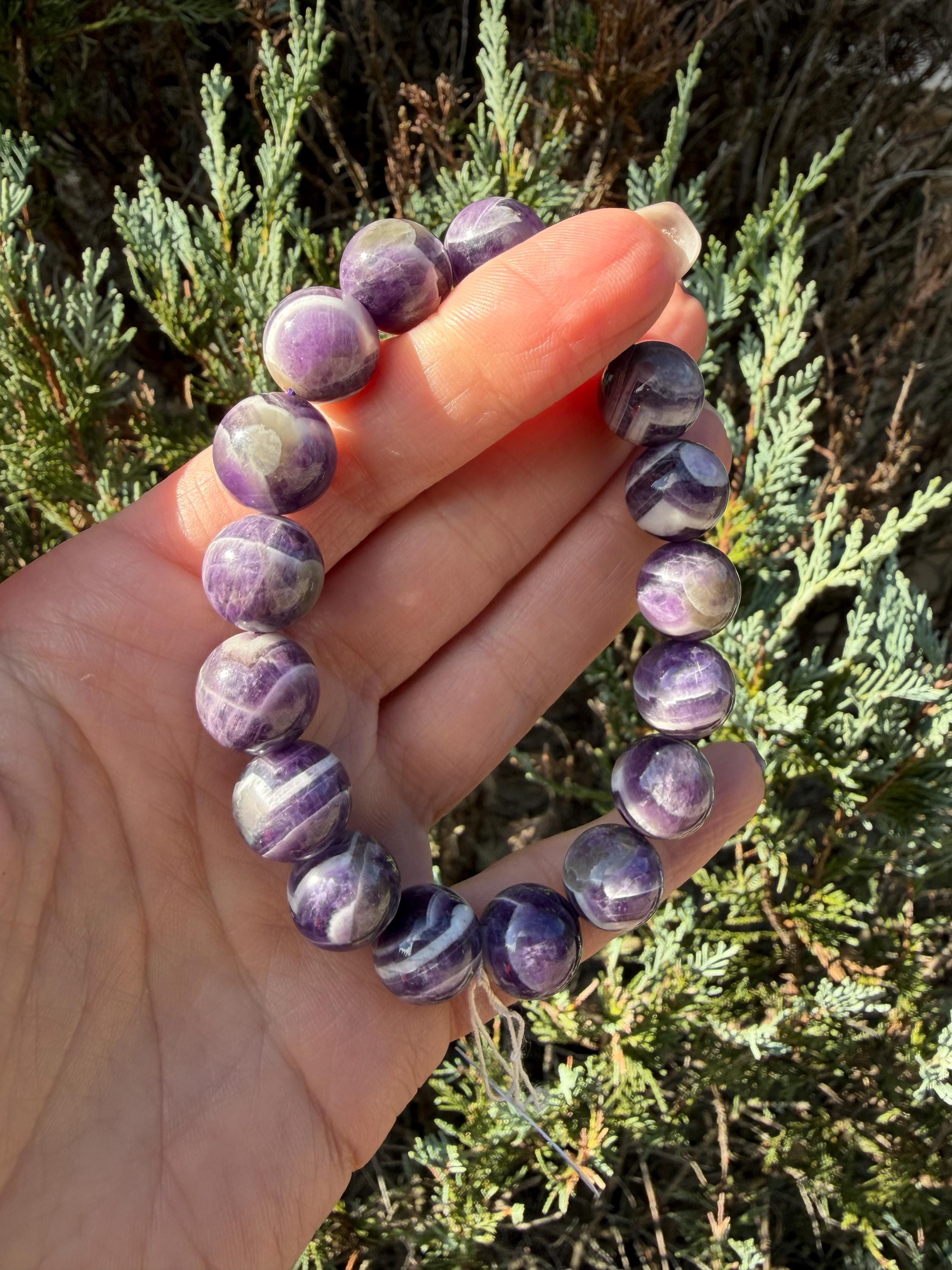 Chevron Dream Amethyst Smoky Quartz Bracelet • 13mm Beaded Crystal Jewelry • Intuition Clarity