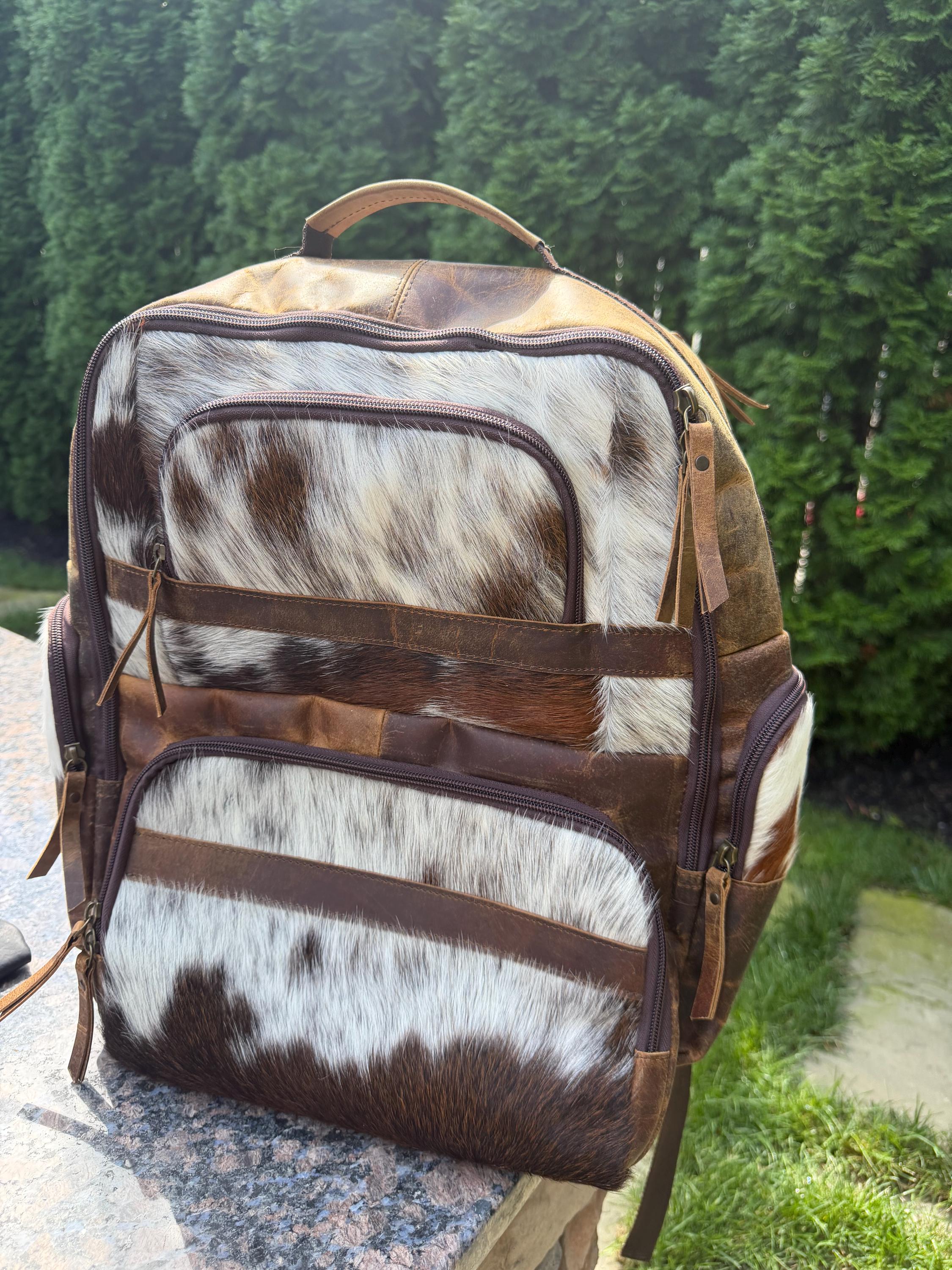 Western Cowhide & Leather Backpack – Hair-On Hide Rustic Travel Bag 4