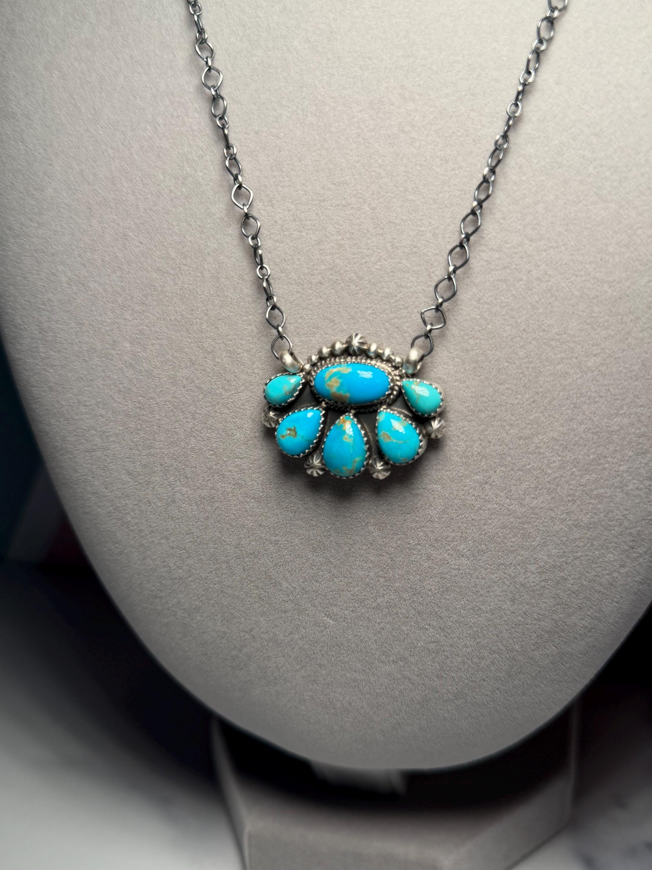Jeff Largo Kingman Turquoise Half Cluster Necklace, Sterling Silver Southwest Statement (18 Inch Chain) 3