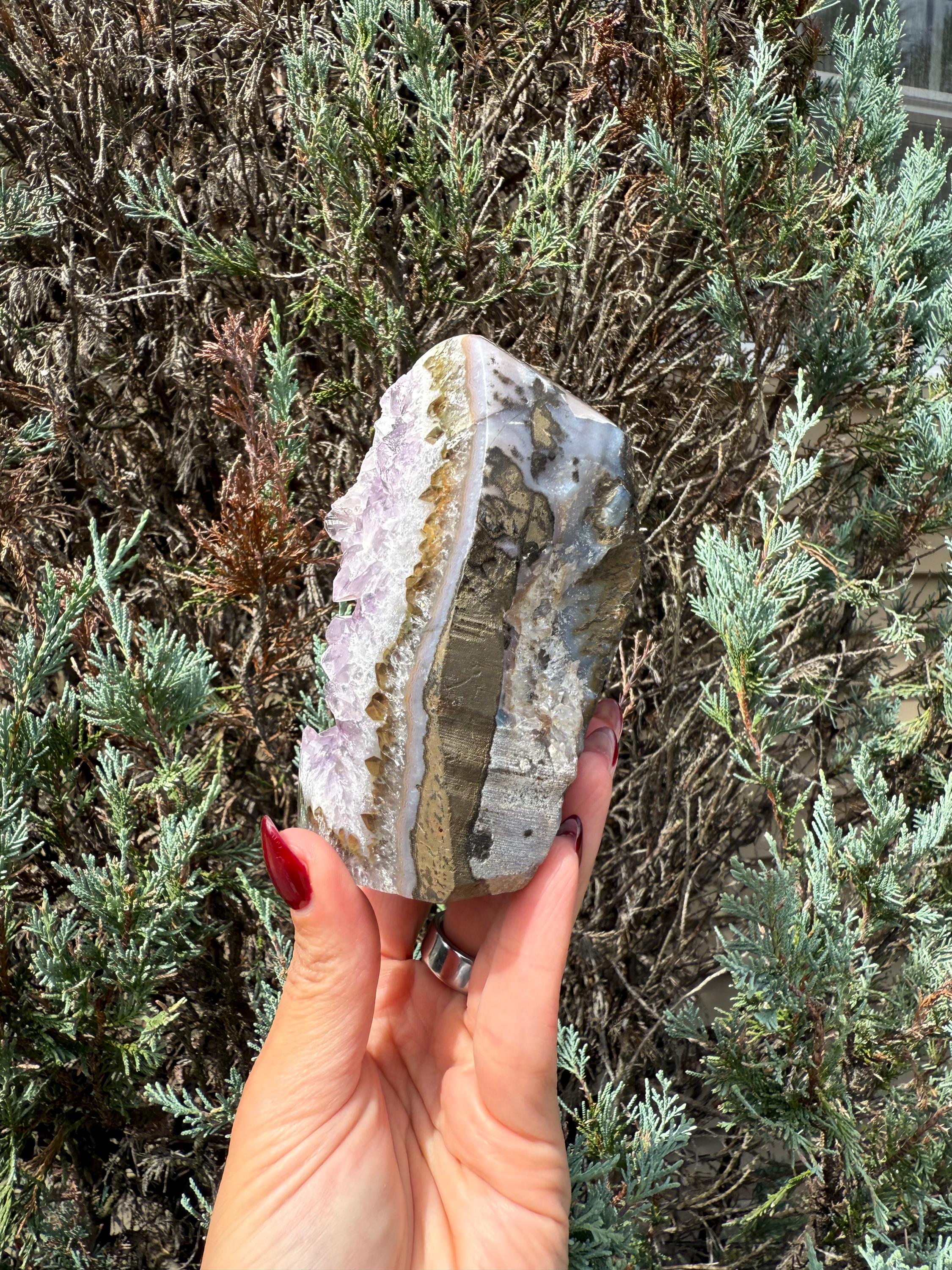 Purple Amethyst & Agate Druzy Cut Base • Banded Crystal Geode • Home Decor • Healing Mineral Specimen 6
