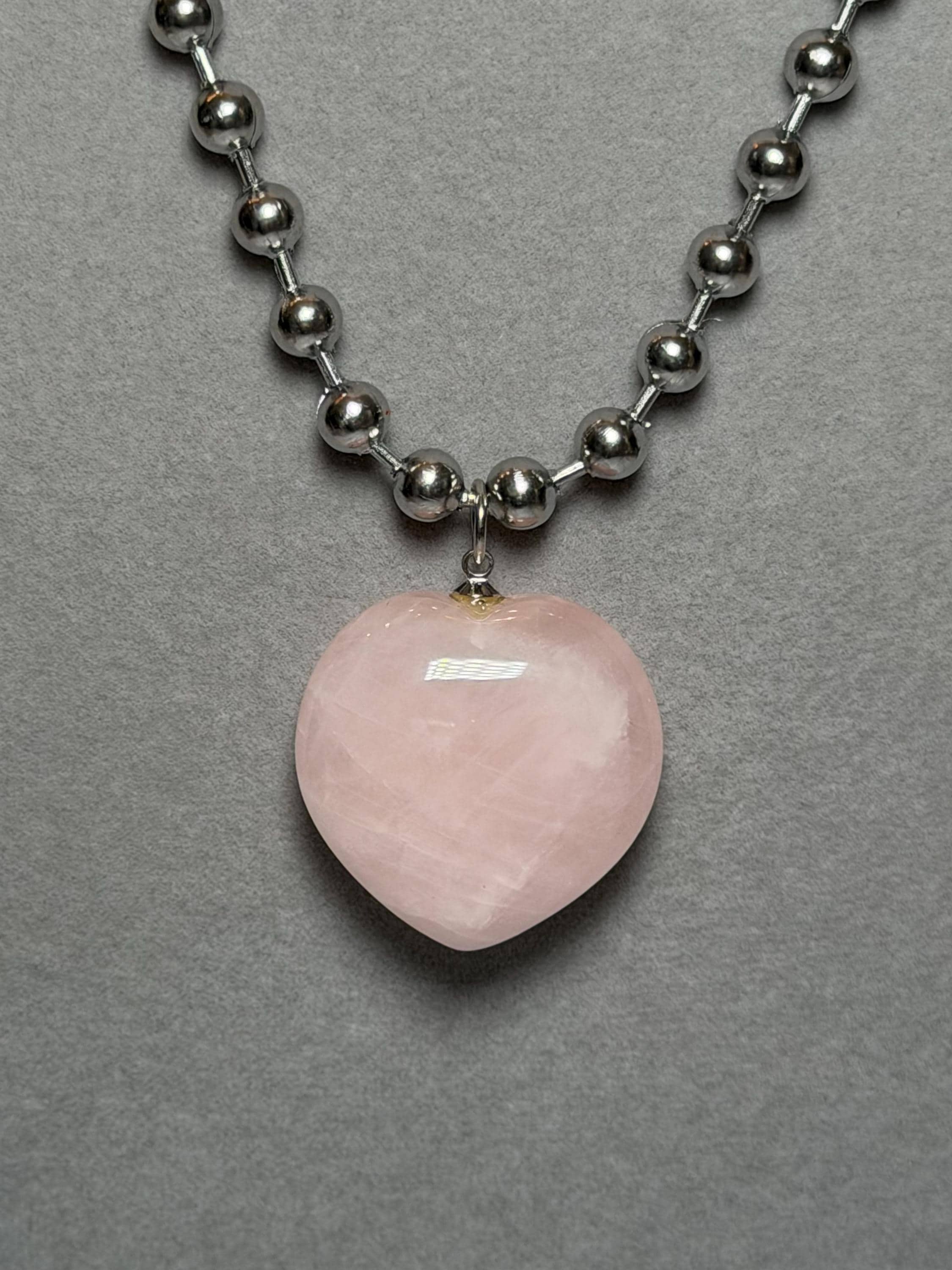 Rose Quartz Heart Pendant Necklace, Sterling Silver Ball Chain, 17 Inch Length 2