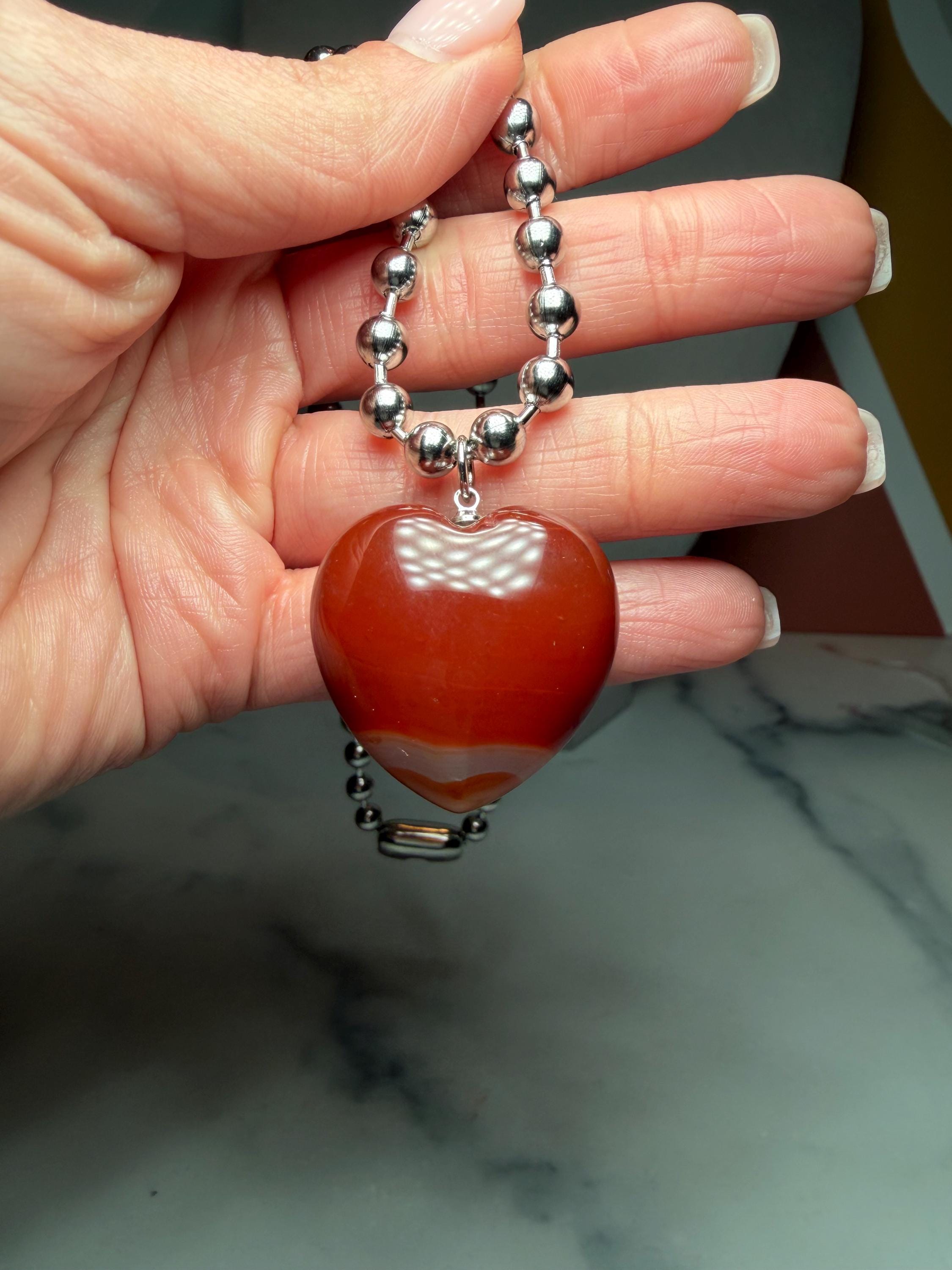 Sterling Silver Carnelian Heart Necklace, 17 Inch Ball Chain Pendant 6