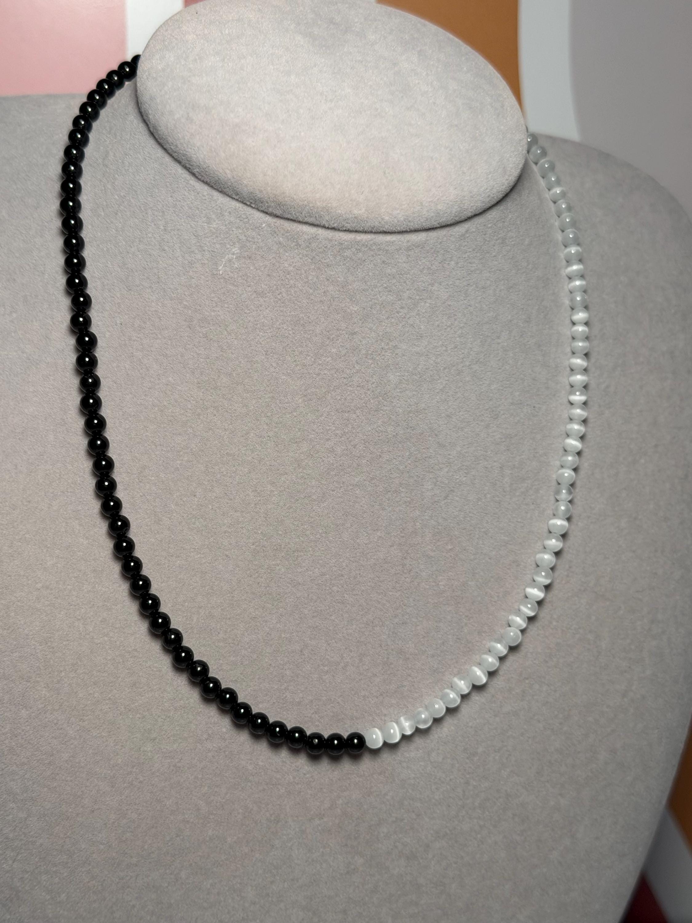Selenite Black Obsidian Beaded Necklace, Gold Plated Clasp, 17.5 Inch 3