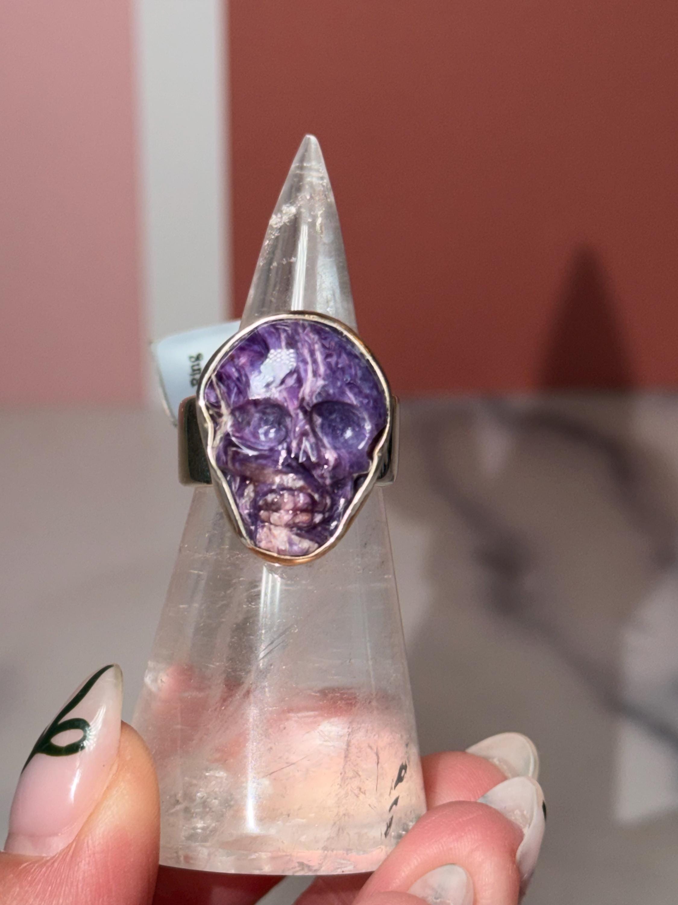 Kammererite Skull Ring • 925 Sterling Silver • Gothic Crystal Jewelry • Size 7