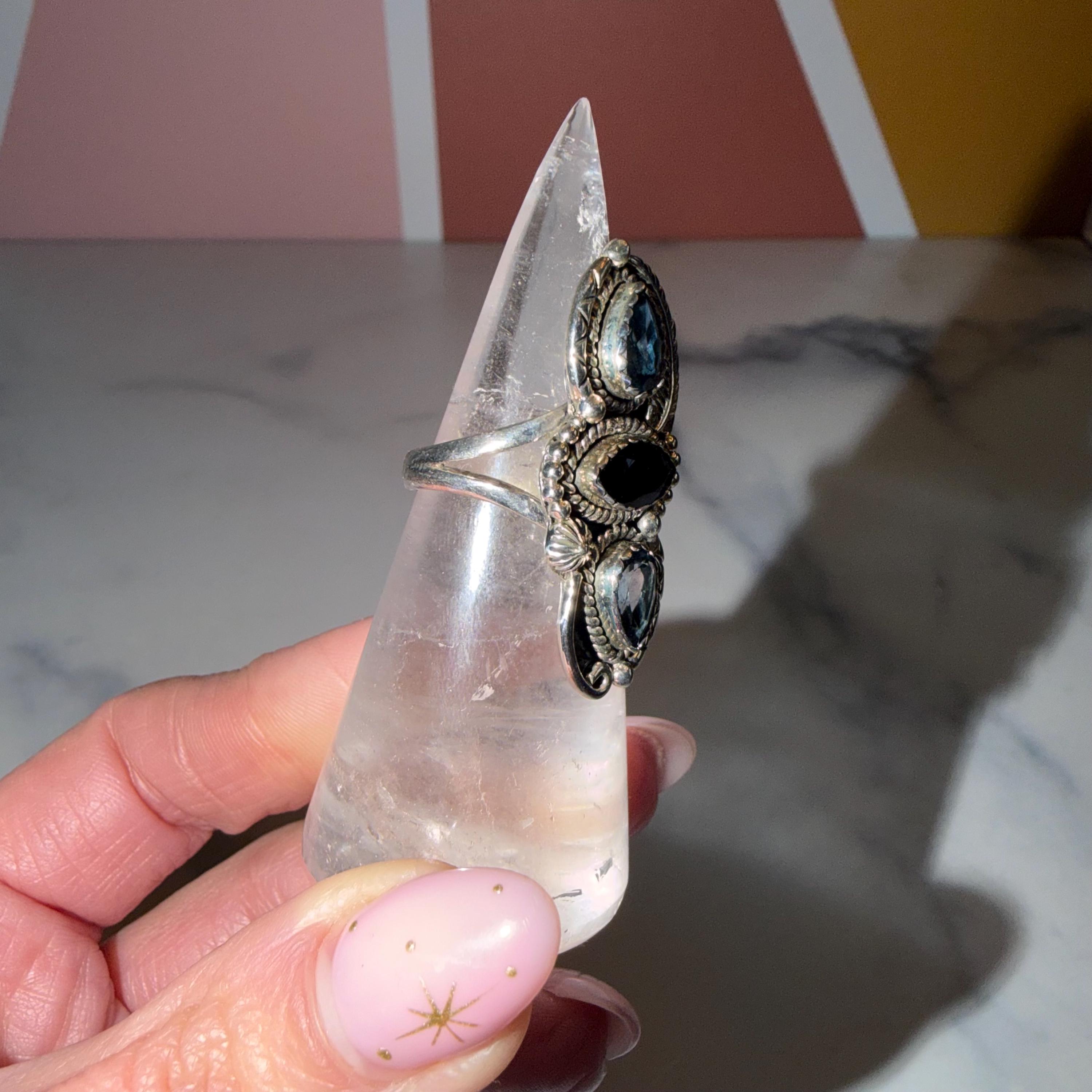 London Blue Topaz Black Onyx Sterling Silver Ring • Statement Gemstone Jewelry (size 7) 5
