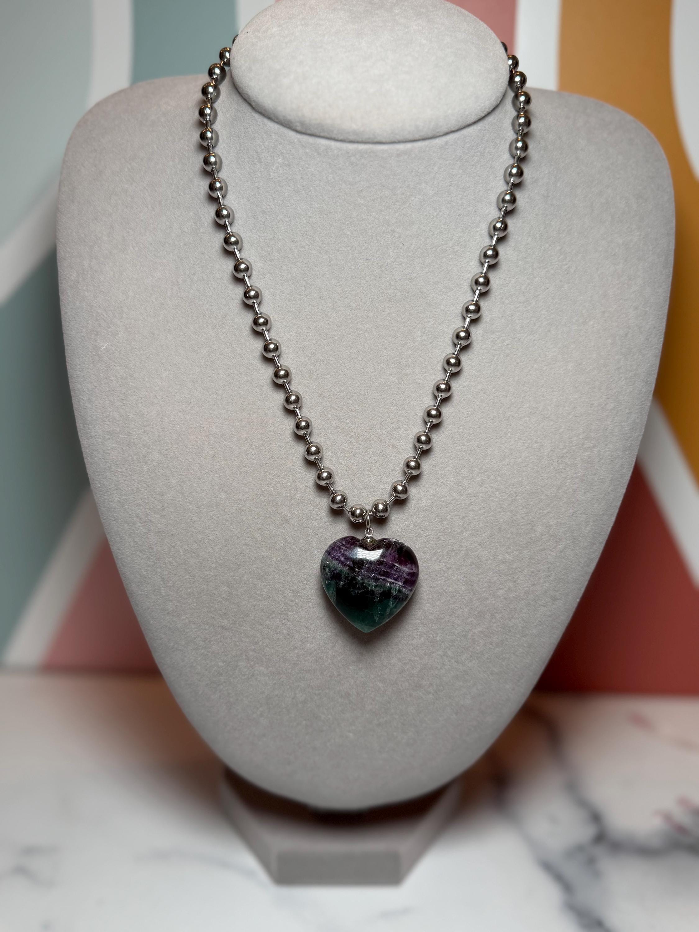 Fluorite Heart Necklace, Sterling Silver Ball Chain, Multicolor Gemstone Pendant 2