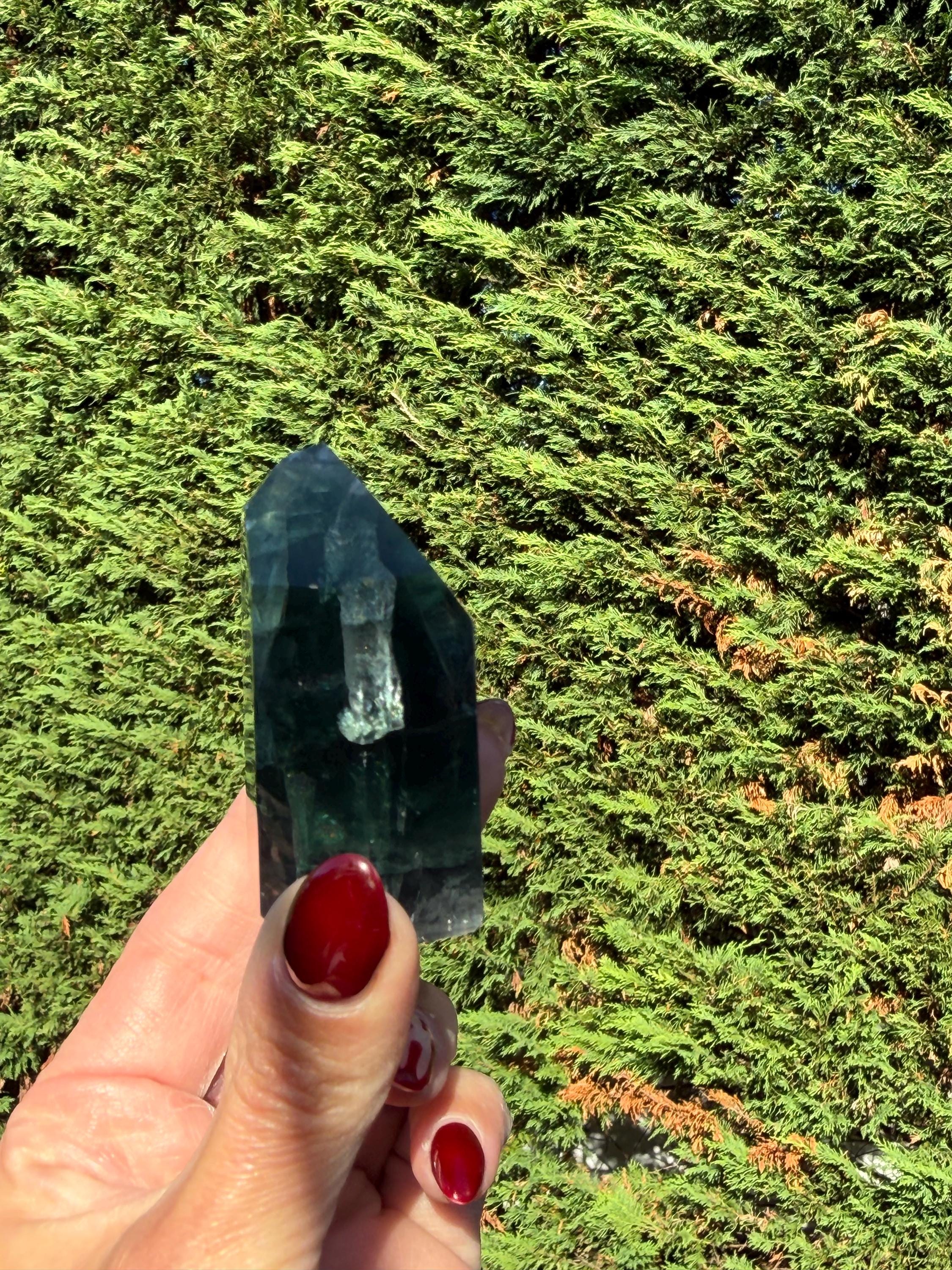 Green Fluorite Crystal Tower from Brazil: Polished Fluorite Point 12