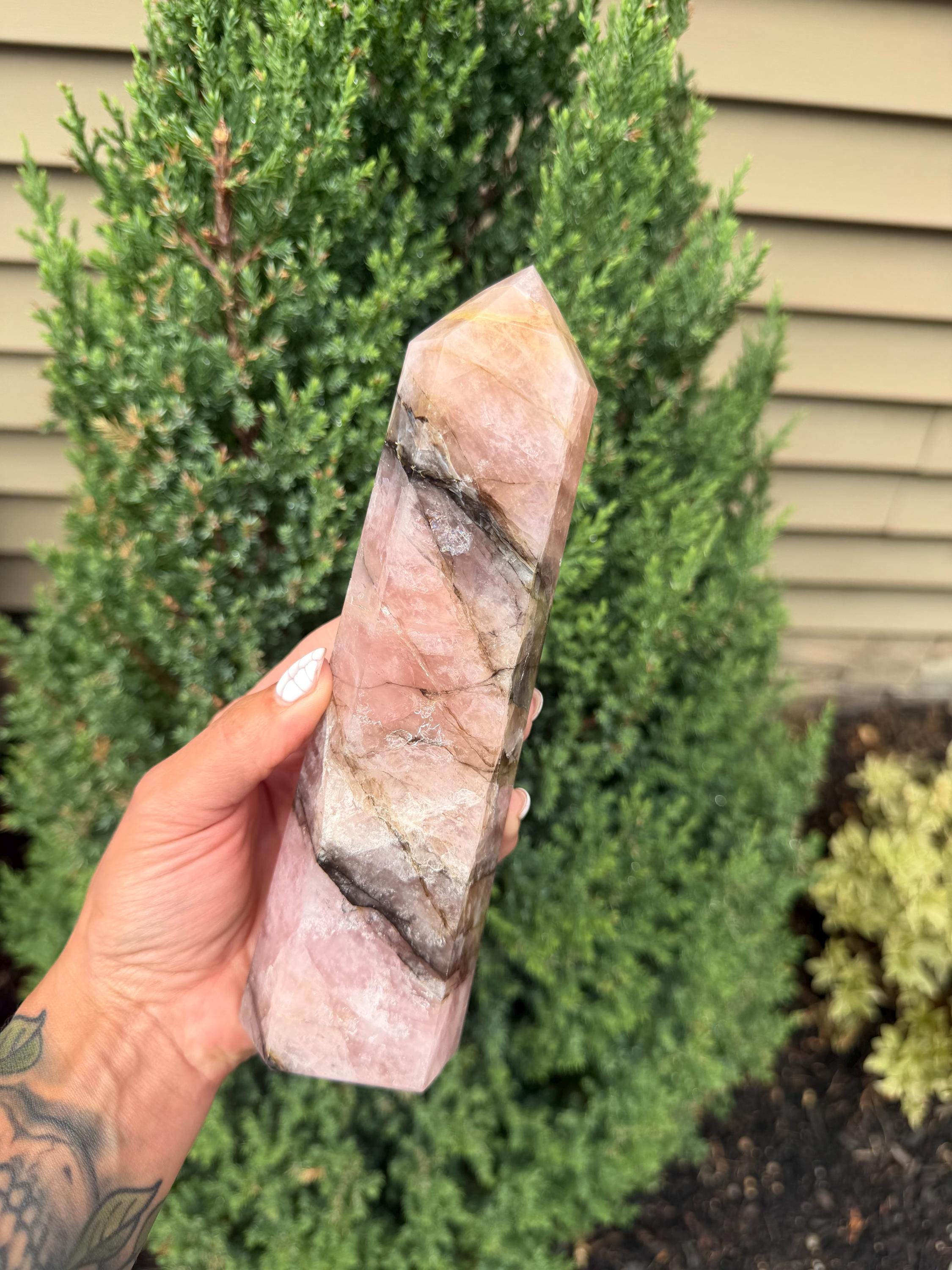 XL Rose Quartz Tower with Black Mineral Inclusions 2