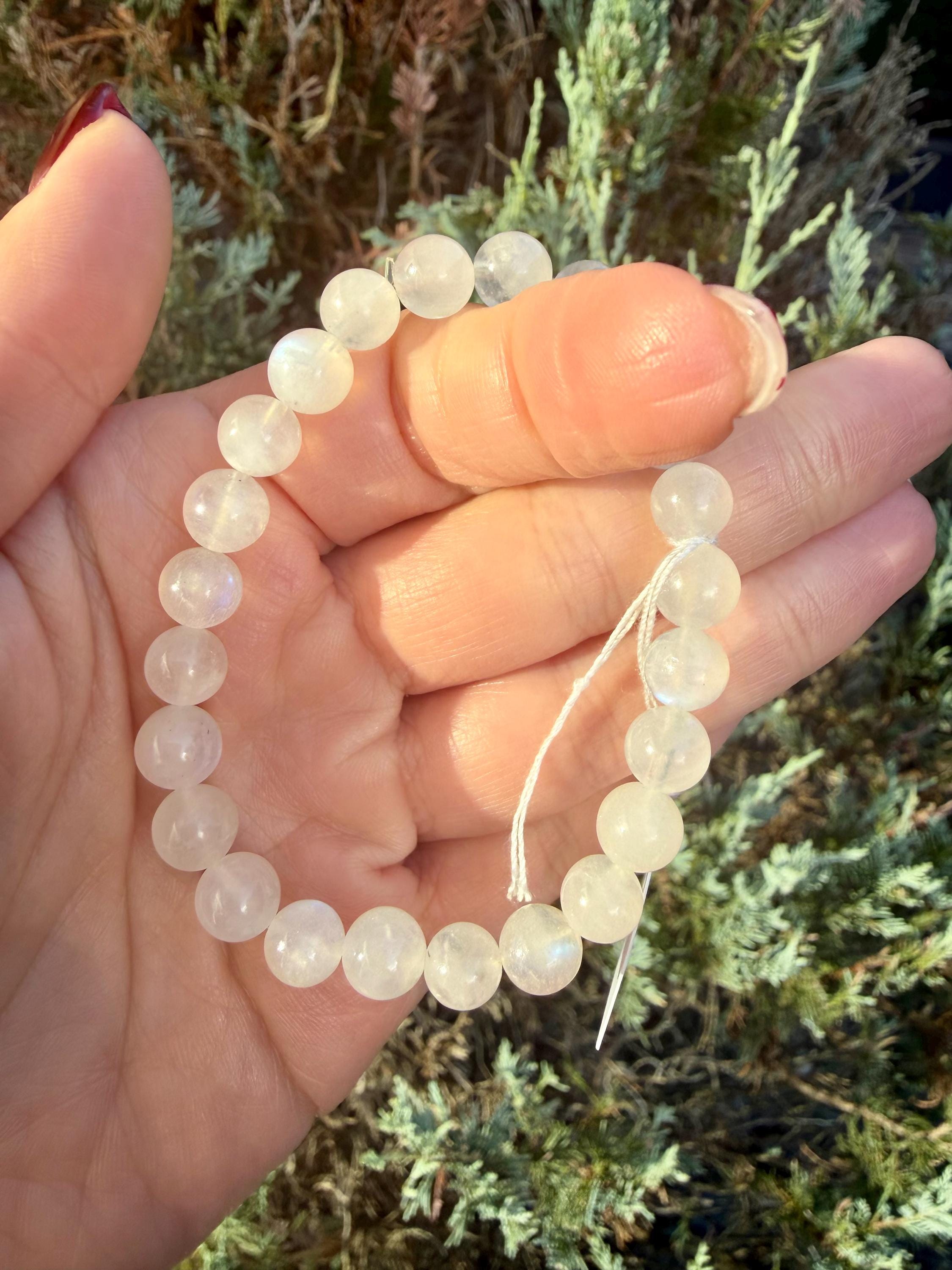 Flashy White Moonstone Beaded Bracelet • Crystal Healing Jewelry • Intuition & Feminine Energy 14