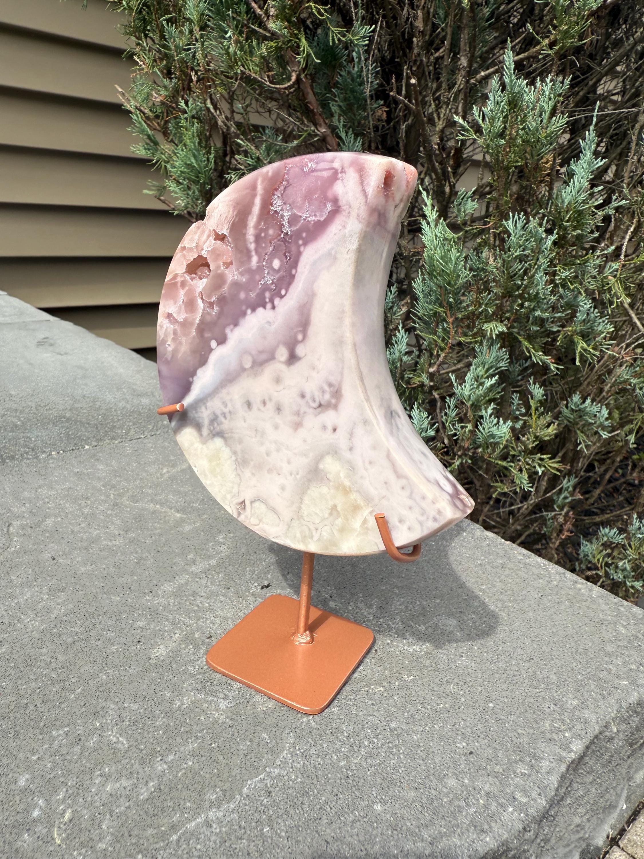 Pink Amethyst Druzy Moon Carving • Celestial Crystal Stand Display 7