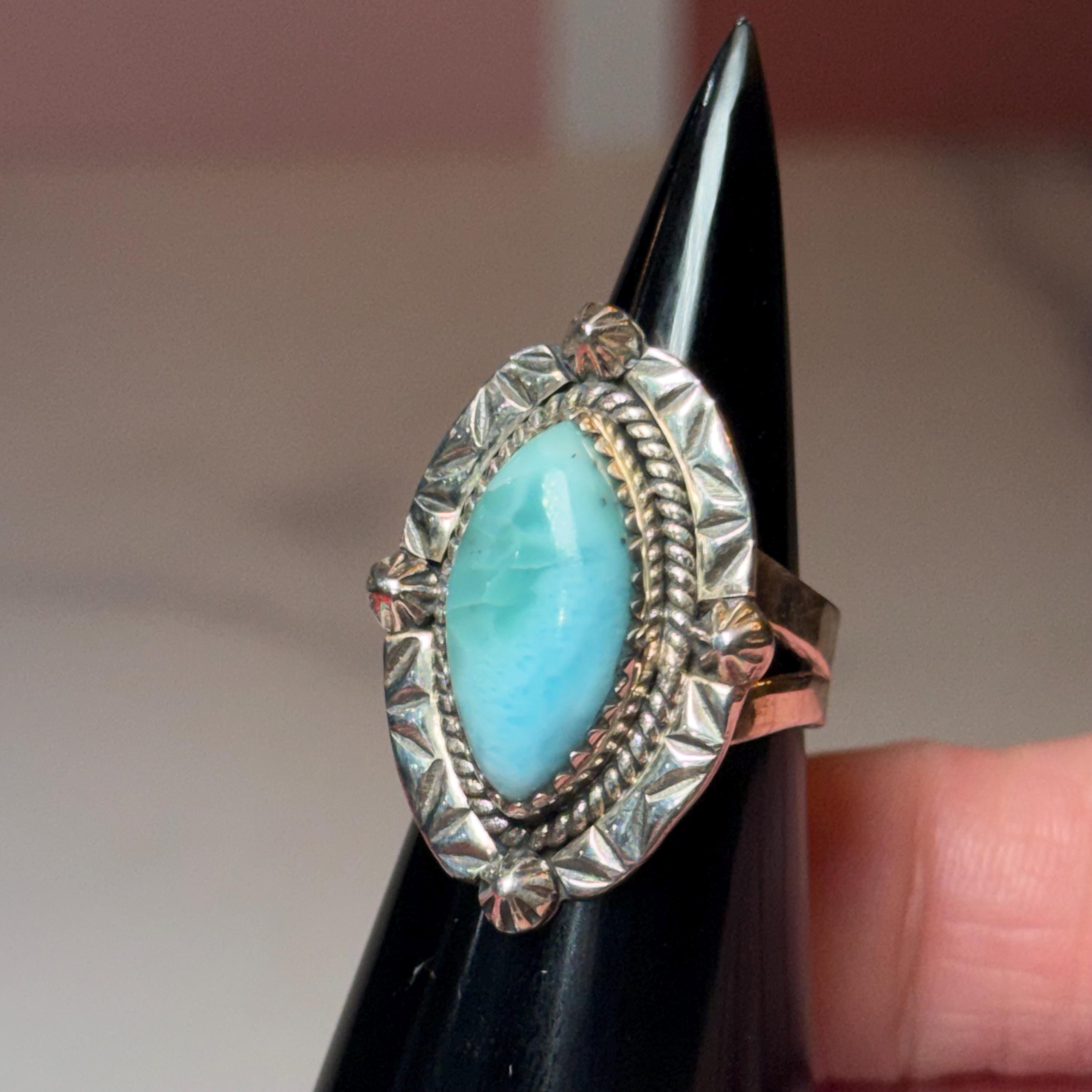 Marquise Larimar Ring, Sterling Silver 925, Natural Caribbean Gemstone, Statement Jewelry (size 6) 2