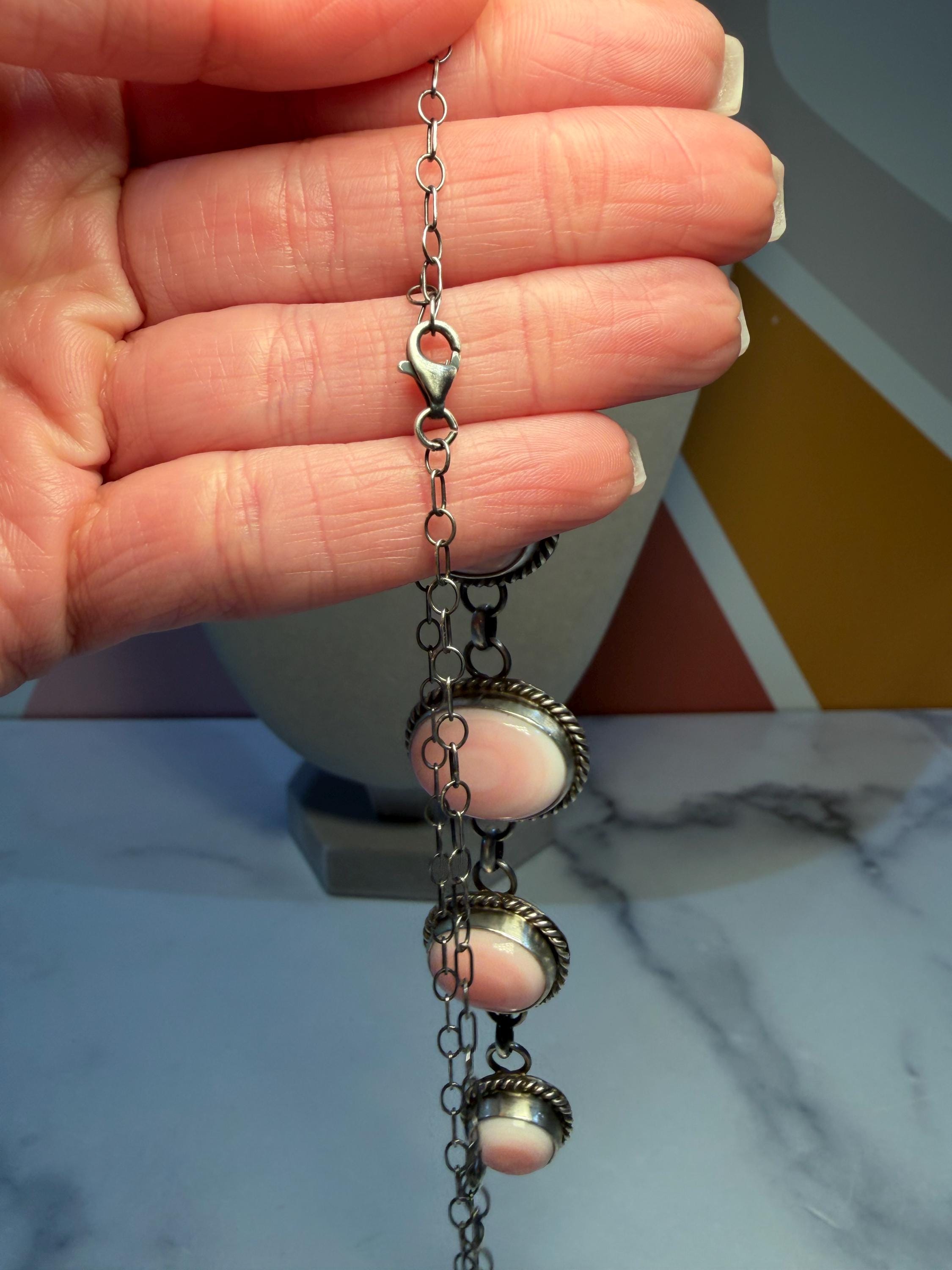 Pink Conch Five Stone Necklace, Sterling Silver, Native Made Stamped B. Lee 7