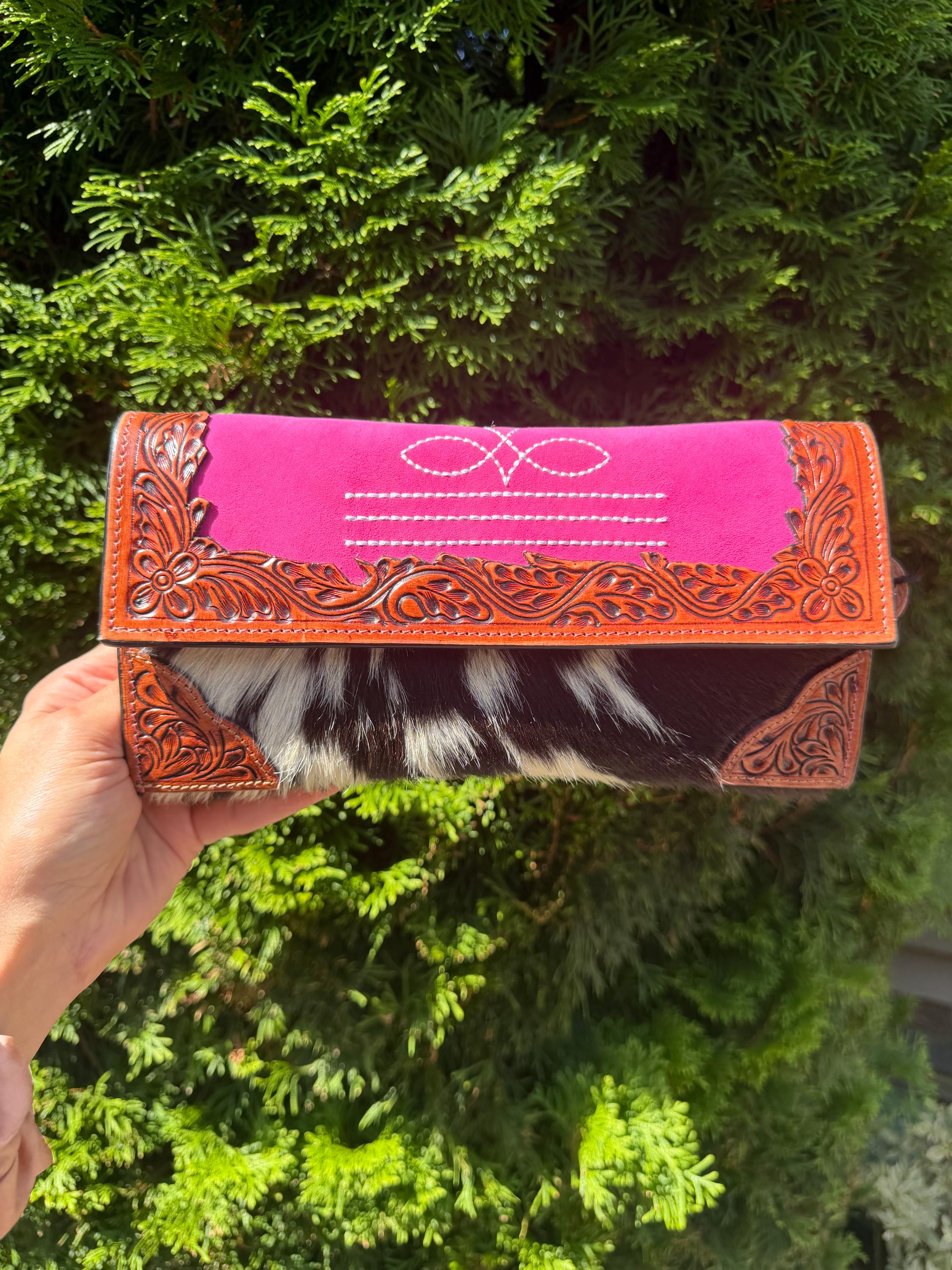 Pink Tooled Leather & Cowhide Wallet Crossbody – Western Hair-On Hide Clutch