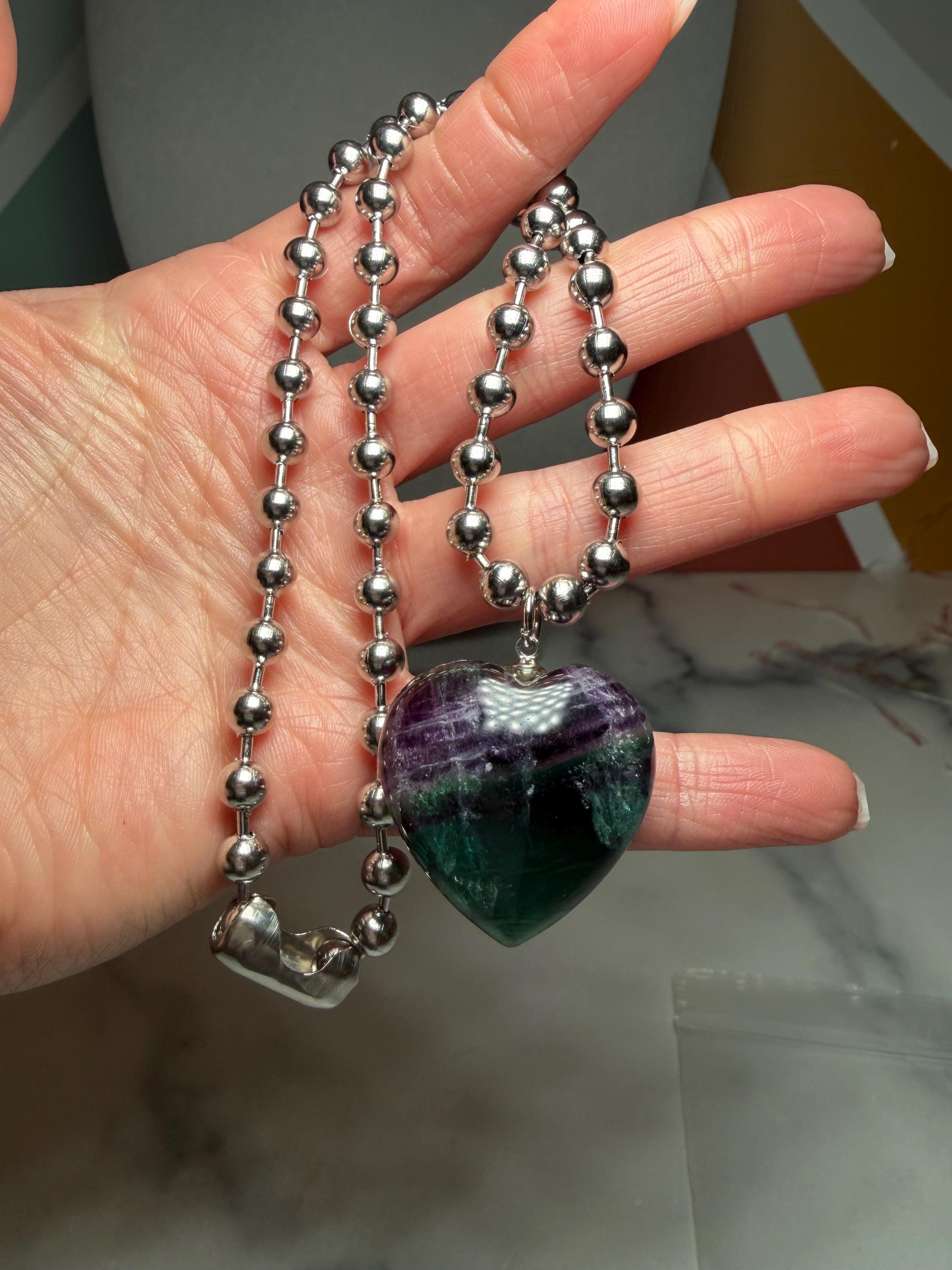 Fluorite Heart Necklace, Sterling Silver Ball Chain, Multicolor Gemstone Pendant