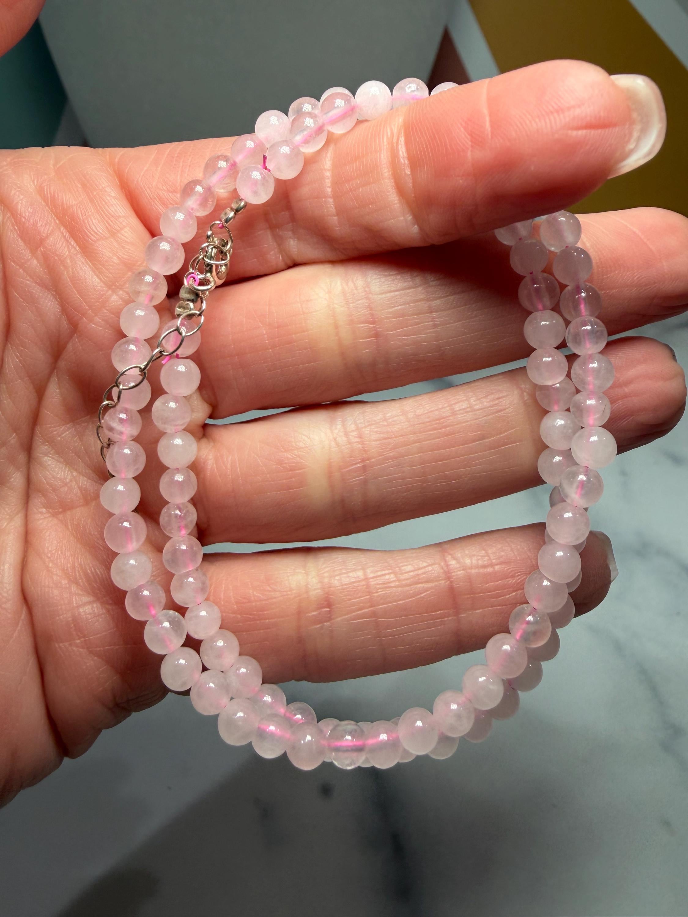 Polished Rose Quartz Beaded Necklace, 925 Sterling Silver, Pink Gemstone, Adjustable Chain 3