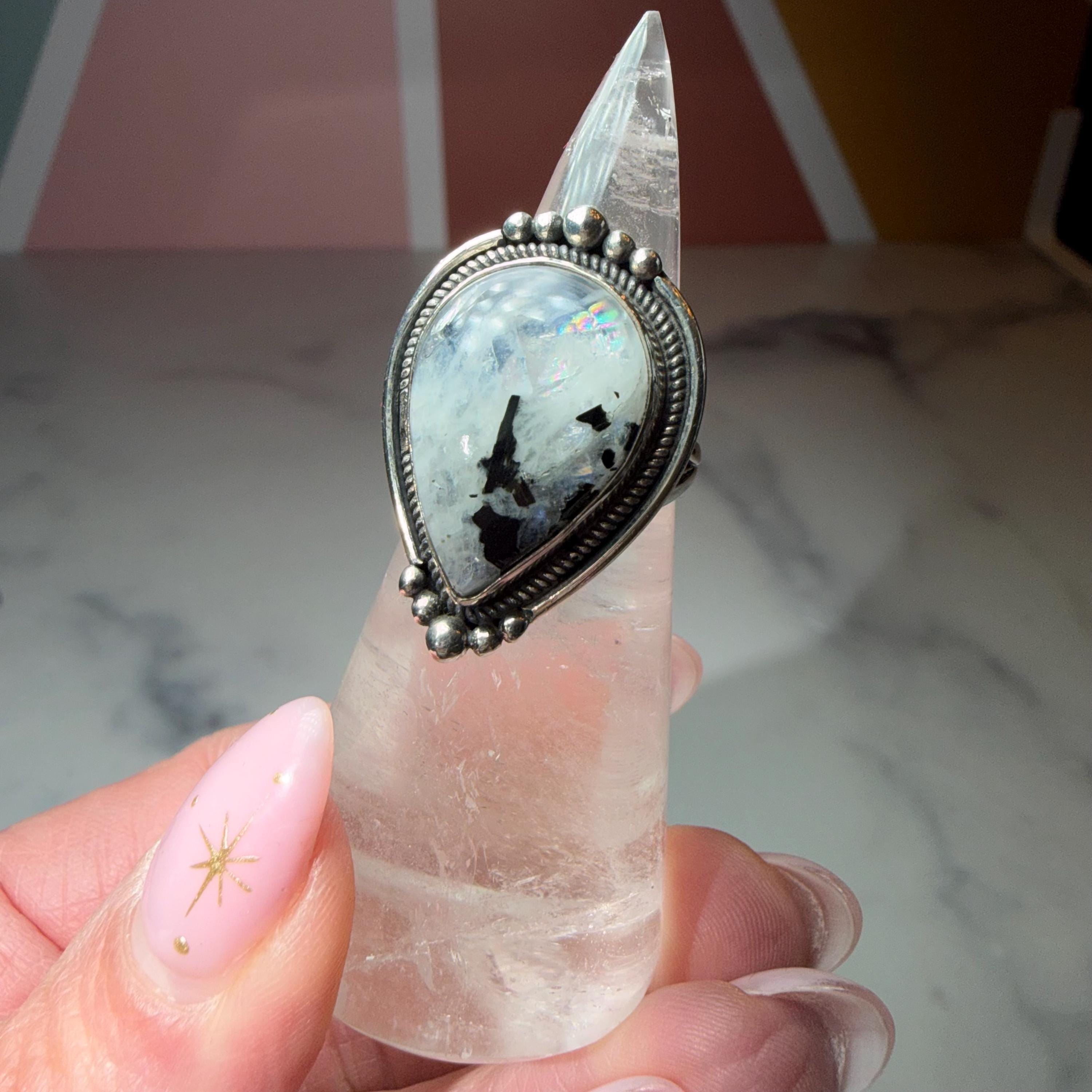 Large Rainbow Moonstone Tear Drop Ring, Sterling Silver Statement Ring, Size 6 2