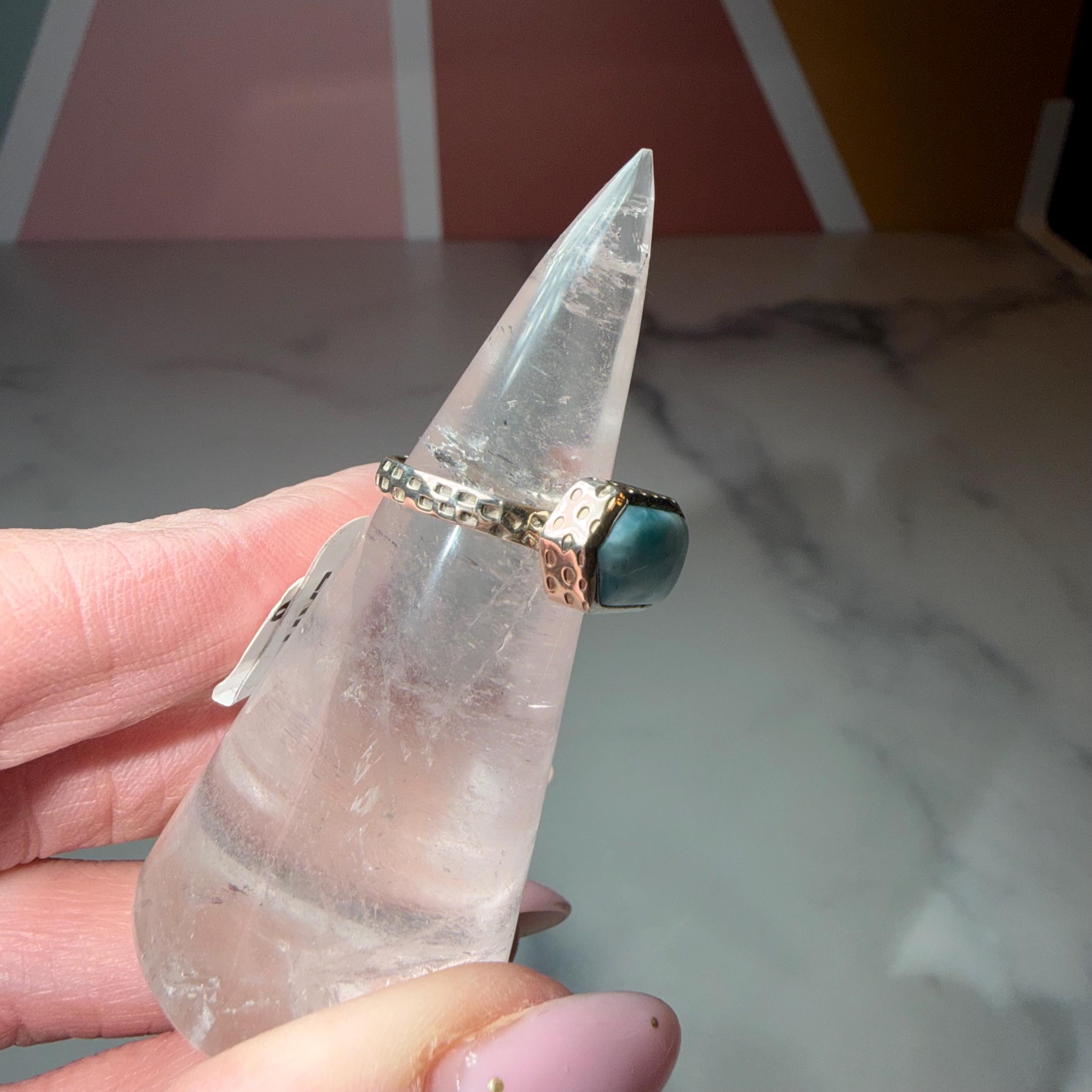 Larimar Ring, Sterling Silver Hammered Band, Ocean Stone Minimalist Jewelry, Size 6 5