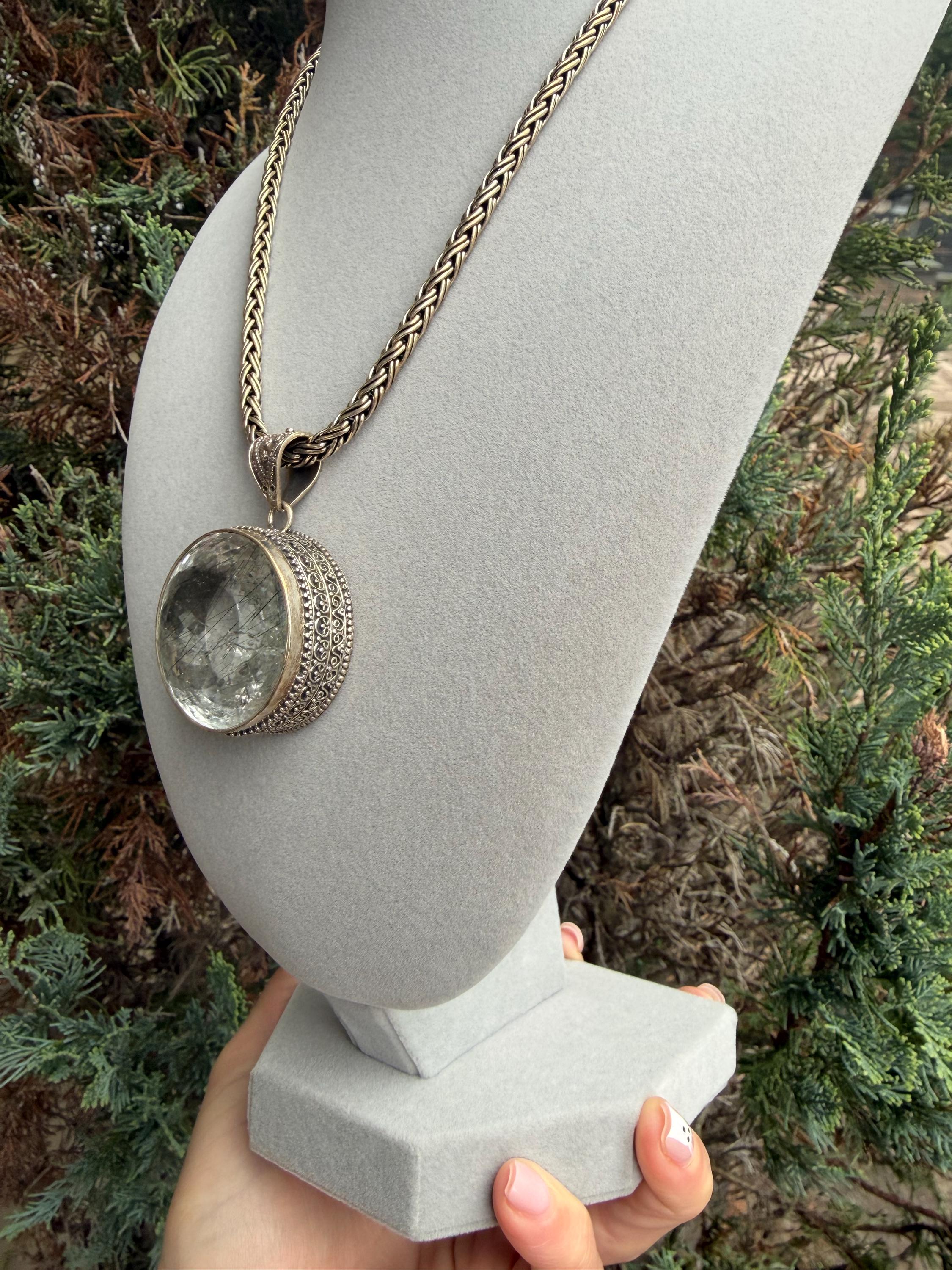 Faceted Rutilated Quartz Pendant, Black Rutile Sterling Silver Ornate Necklace 5