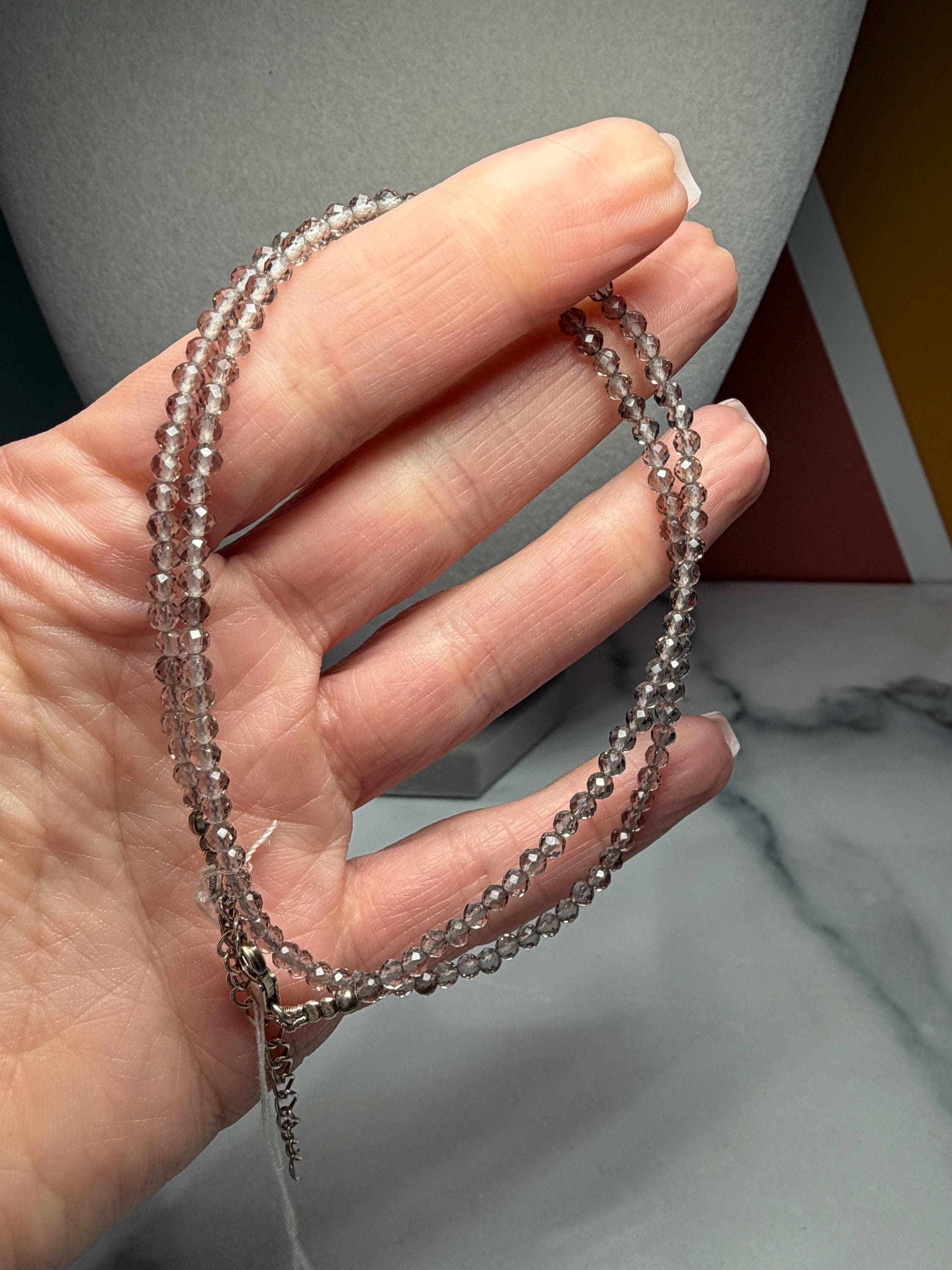 Faceted Smoky Quartz Beaded Necklace, Sterling Silver Chain, Dainty Brown Gemstone, Adjustable Length 5