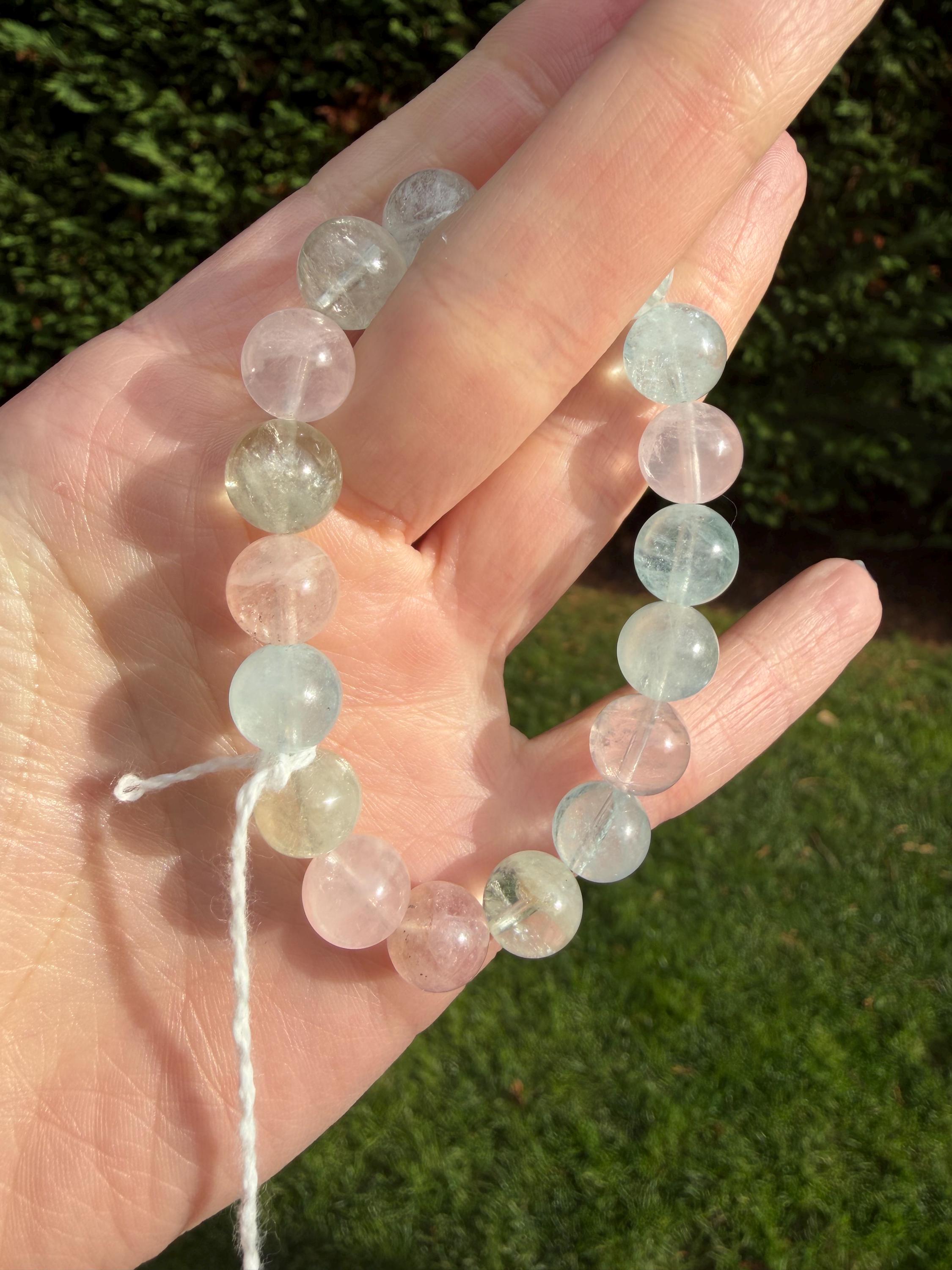 Mixed Beryl Beaded Bracelet 10mm • Aquamarine Morganite Heliodor • Crystal Healing Jewelry • Feminine Energy Bracelet 12