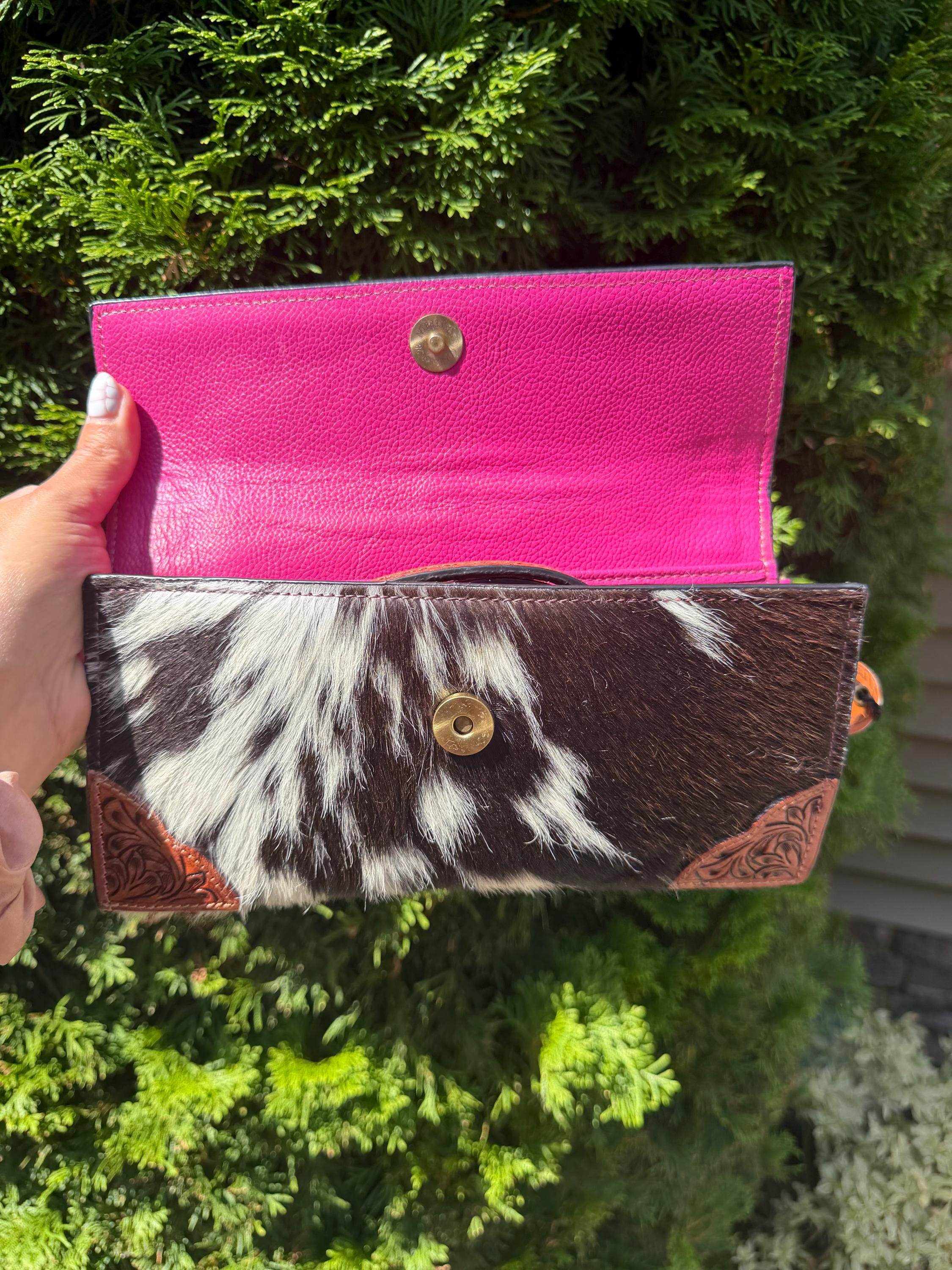 Pink Tooled Leather & Cowhide Wallet Crossbody – Western Hair-On Hide Clutch 5