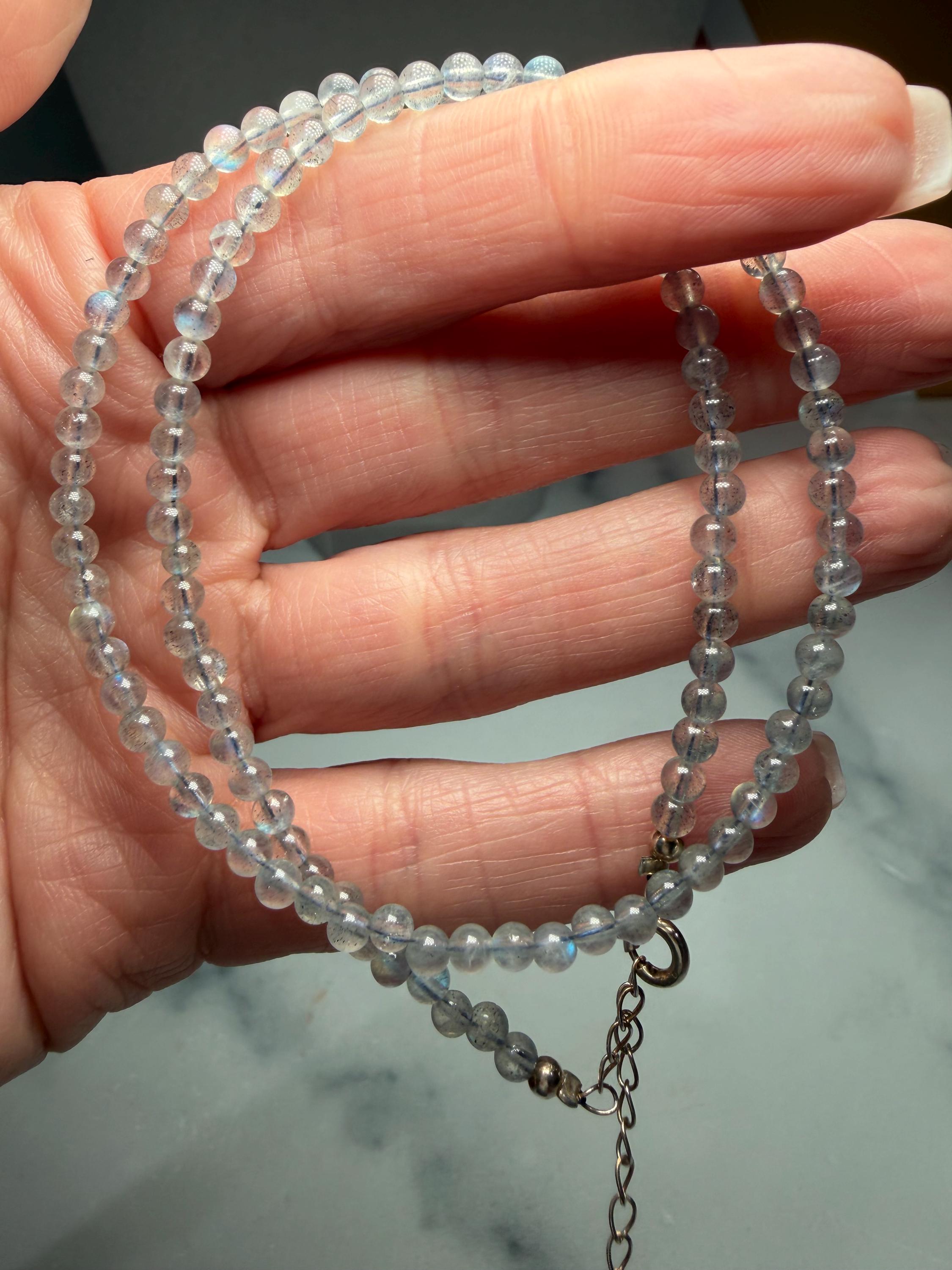 Dainty Beaded Labradorite Necklace, 925 Sterling Silver, Blue Gray Flash, Adjustable Chain 4