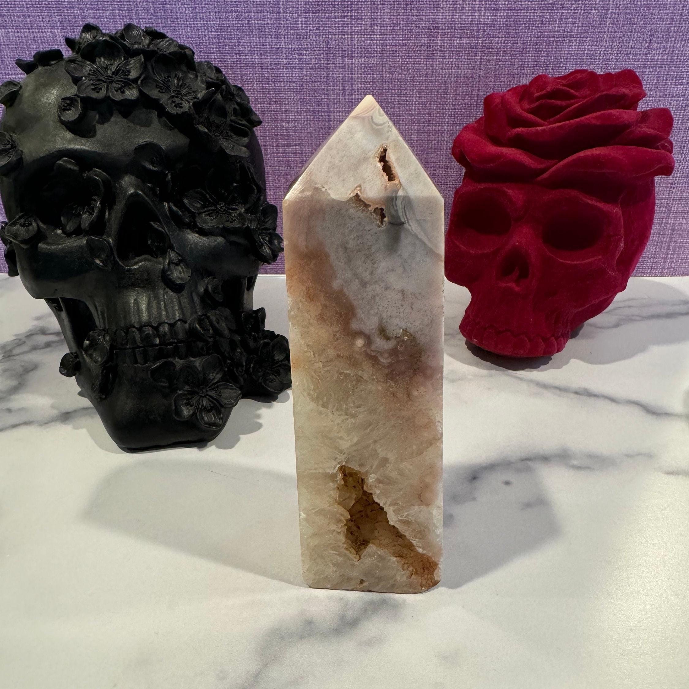 Pink Amethyst Flower Agate Druzy Crystal Tower • Polished Healing Stone Decor 3