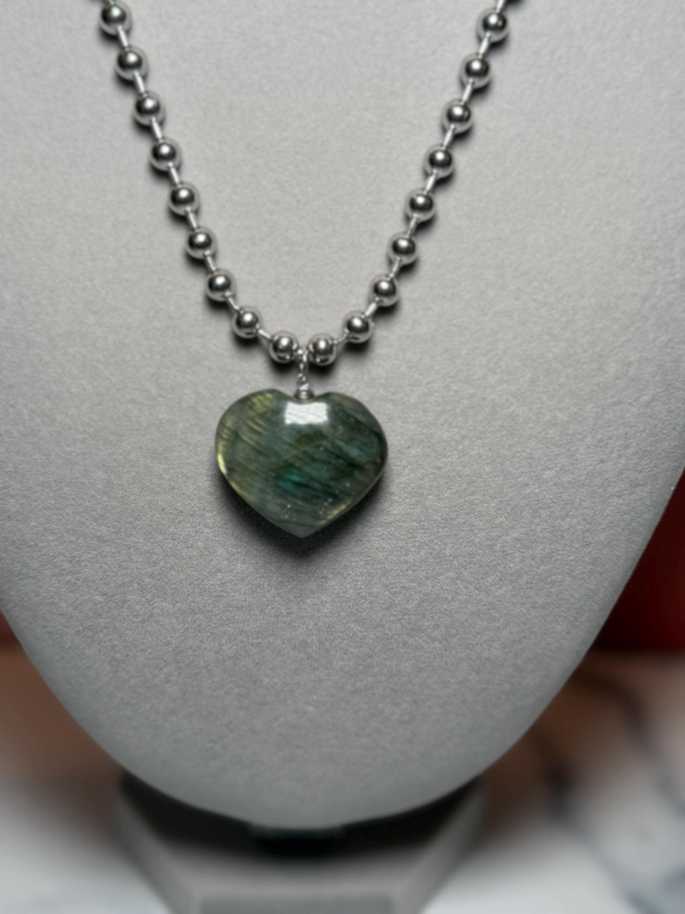 Labradorite Heart Pendant Necklace, Sterling Silver Ball Chain, 17 Inch Gemstone Jewelry 3