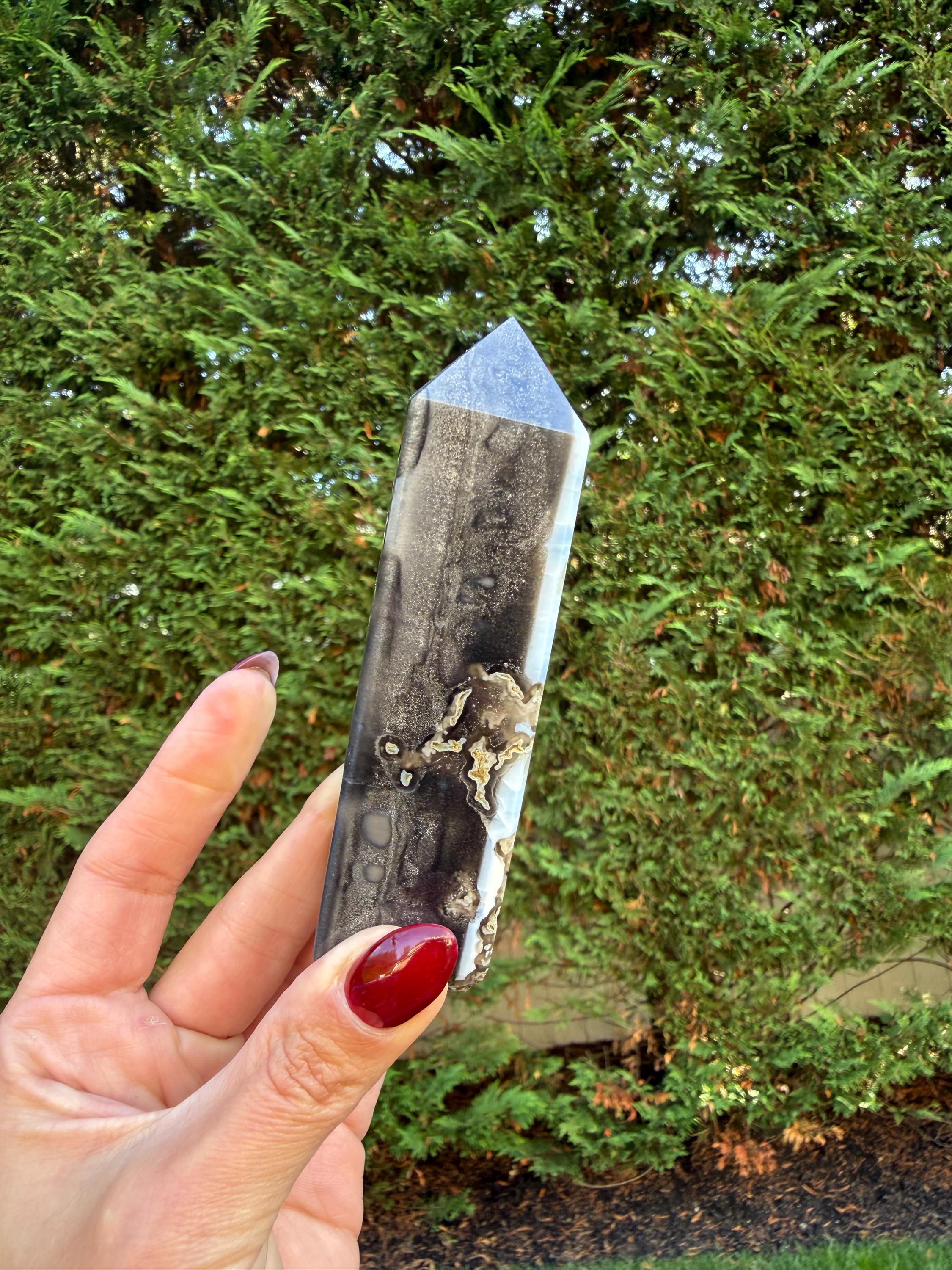 Owyhee Blue Opal Tower • Moss Agate Inclusions, Calming Crystal Point 12