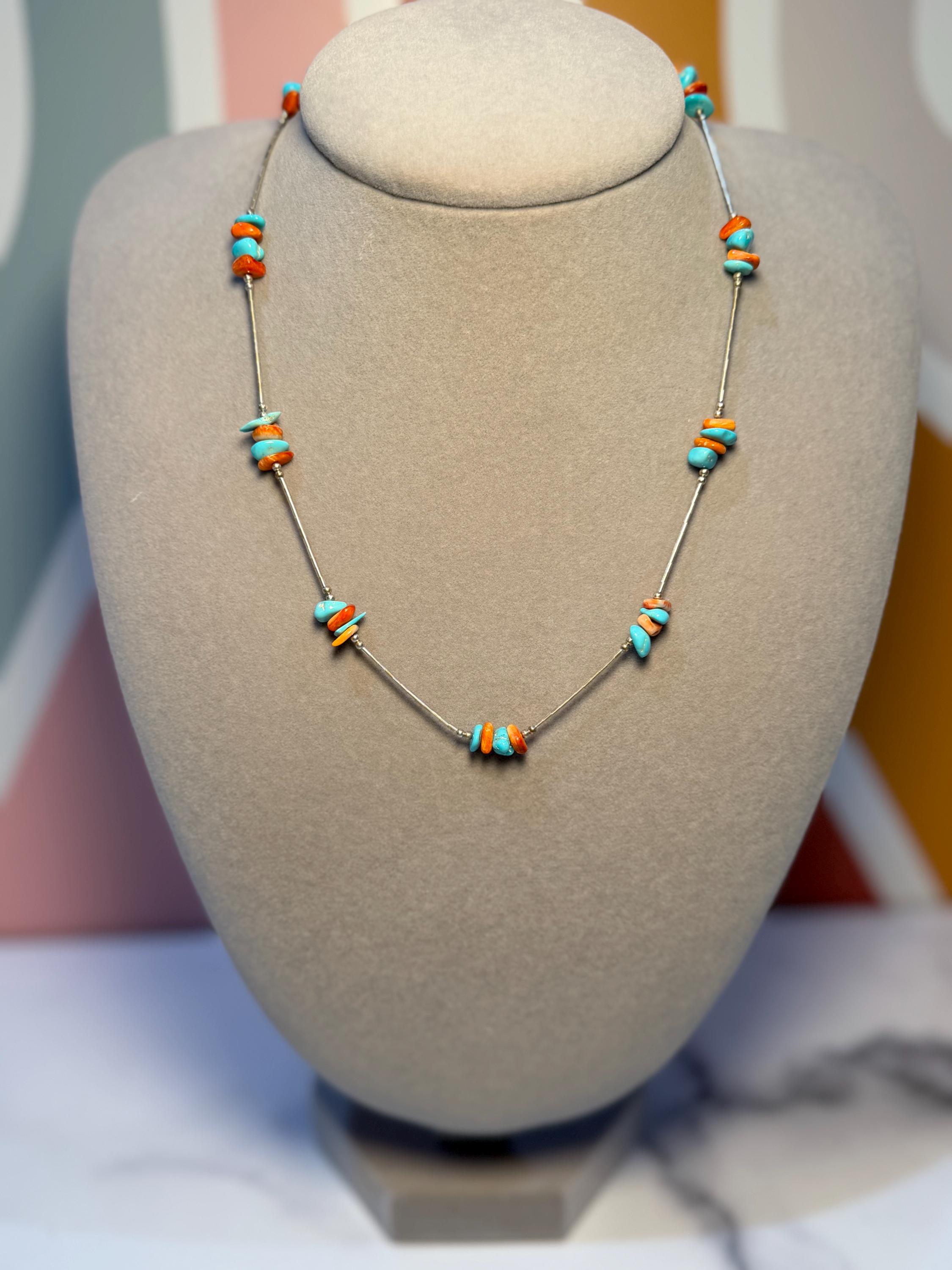 Liquid Silver Necklace Orange Spiny Oyster Turquoise Chips 925 Sterling Southwest (17.5 Inch)