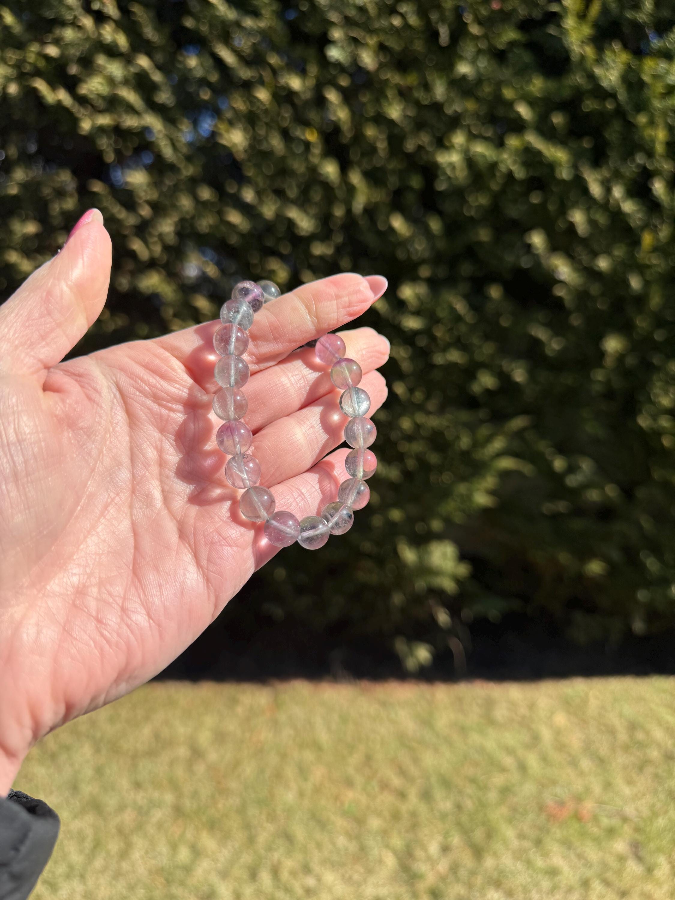 Banded Fluorite Crystal Beaded Stretch Bracelet • 9.5MM Purple Green Stone of Clarity, Intuition