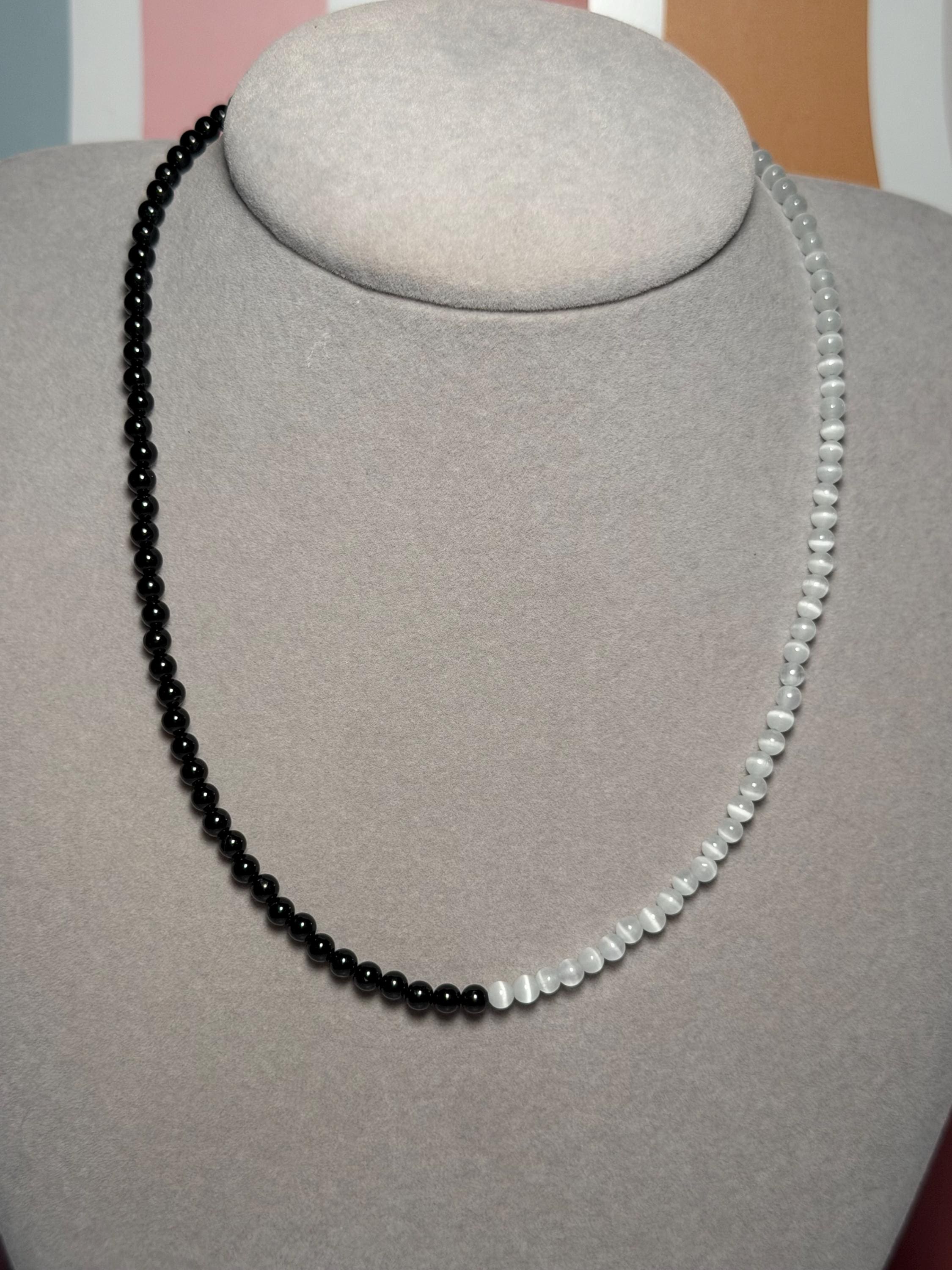 Selenite Black Obsidian Beaded Necklace, Gold Plated Clasp, 17.5 Inch 4