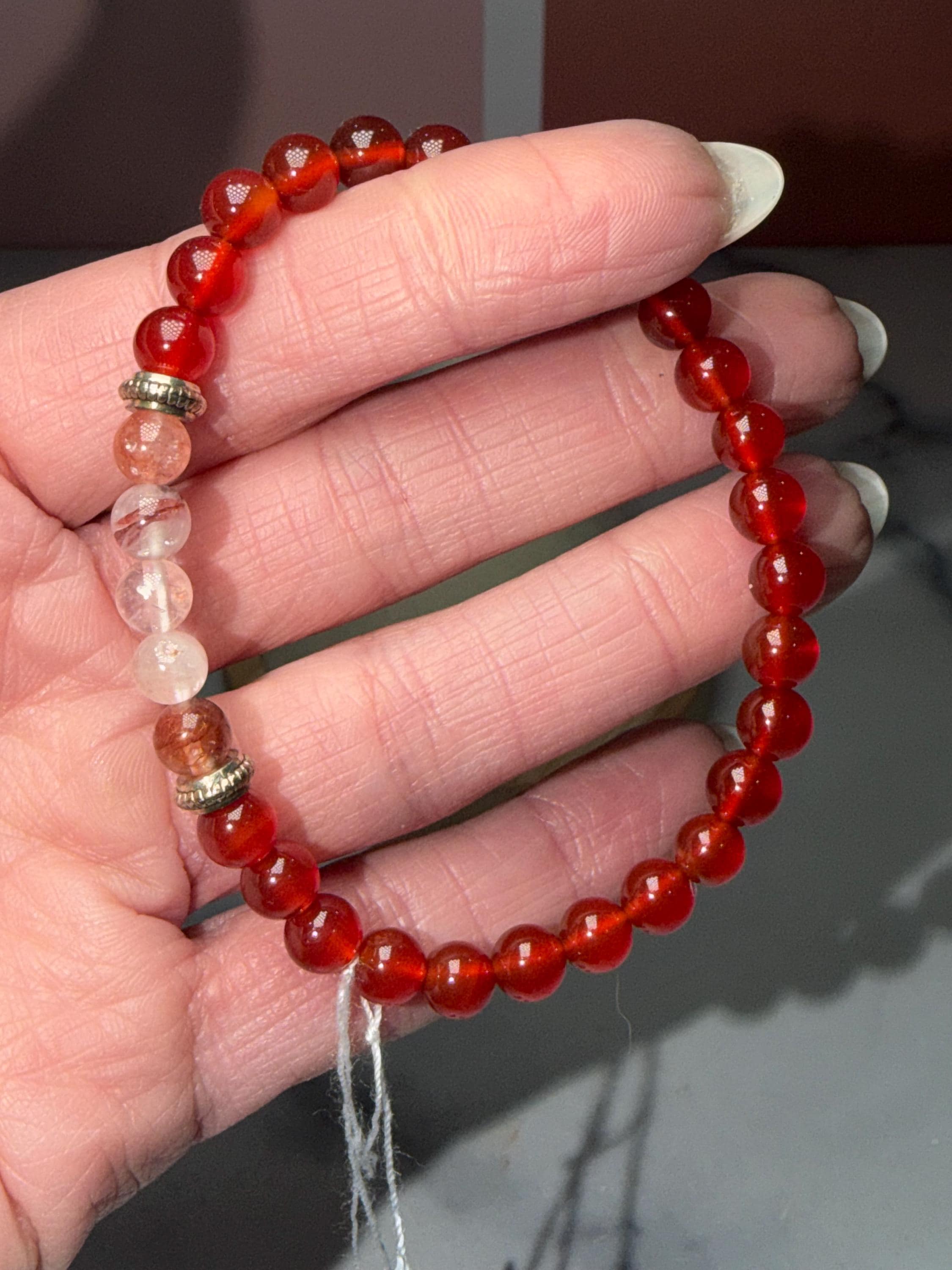 Carnelian & Fire Quartz Stretch Bracelet, Subtle Sparkle Gemstone Jewelry 3