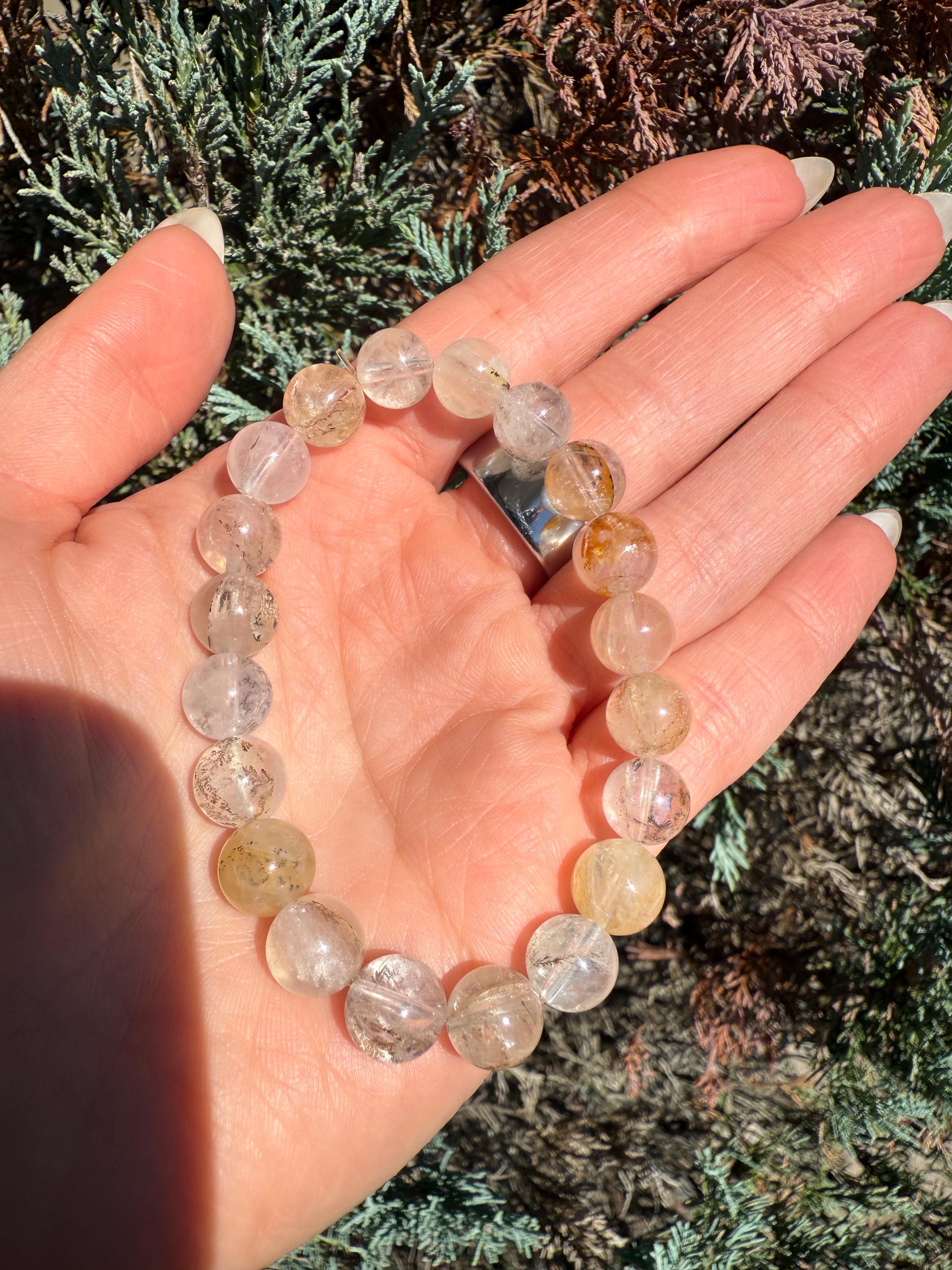 Dendritic Quartz with Gold Healer Inclusions Stretch Beaded Bracelet, Crystal Beaded Jewelry (9mm) 10