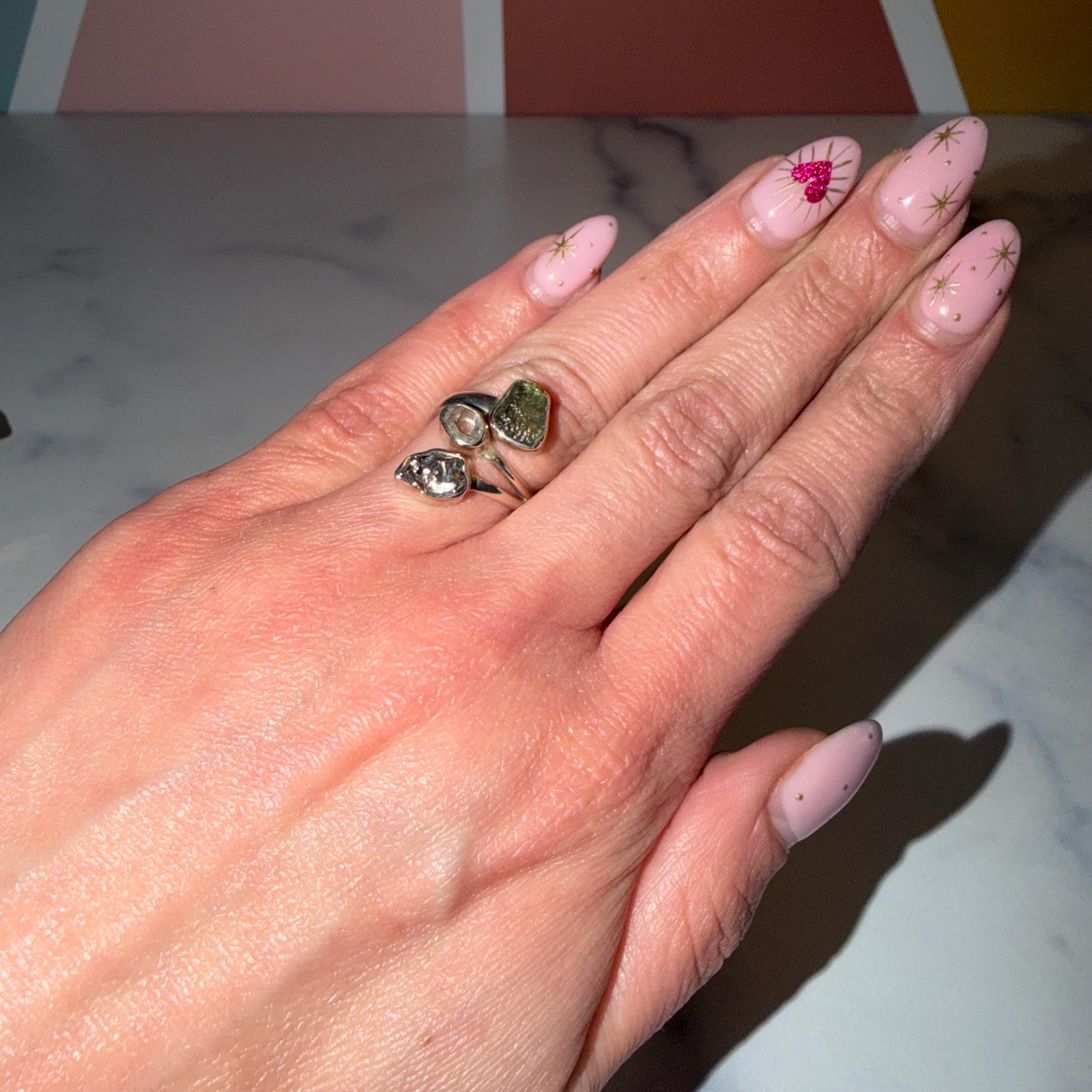 Raw Moldavite, Pakimer Diamond, Meteorite Sterling Silver Ring, Celestial Statement Jewelry (size 6) 2