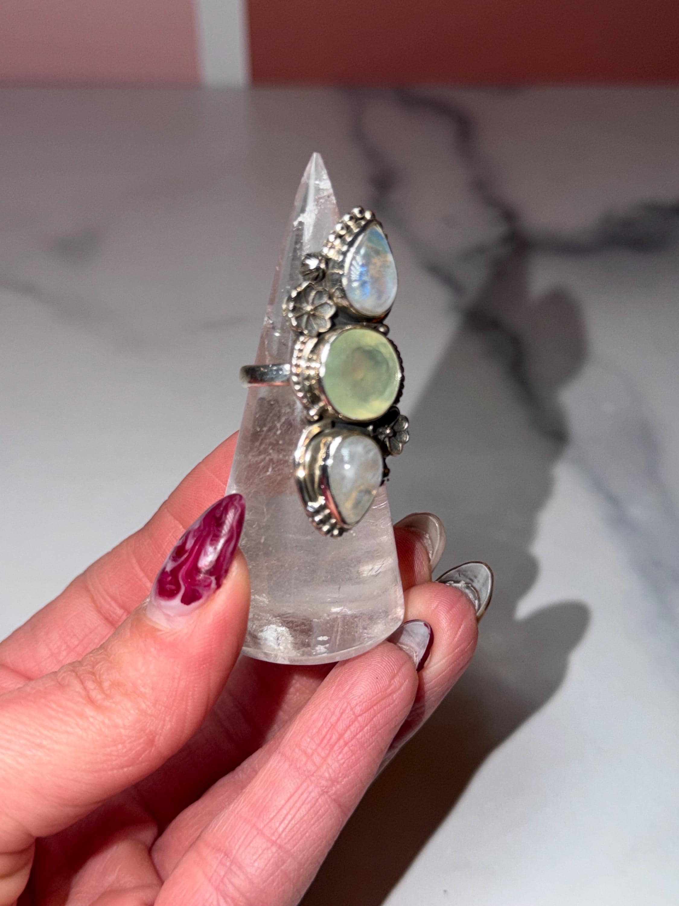 Triple Prehnite Moonstone Floral Ring • Sterling Silver Boho Statement Gemstone (Size 7) 5