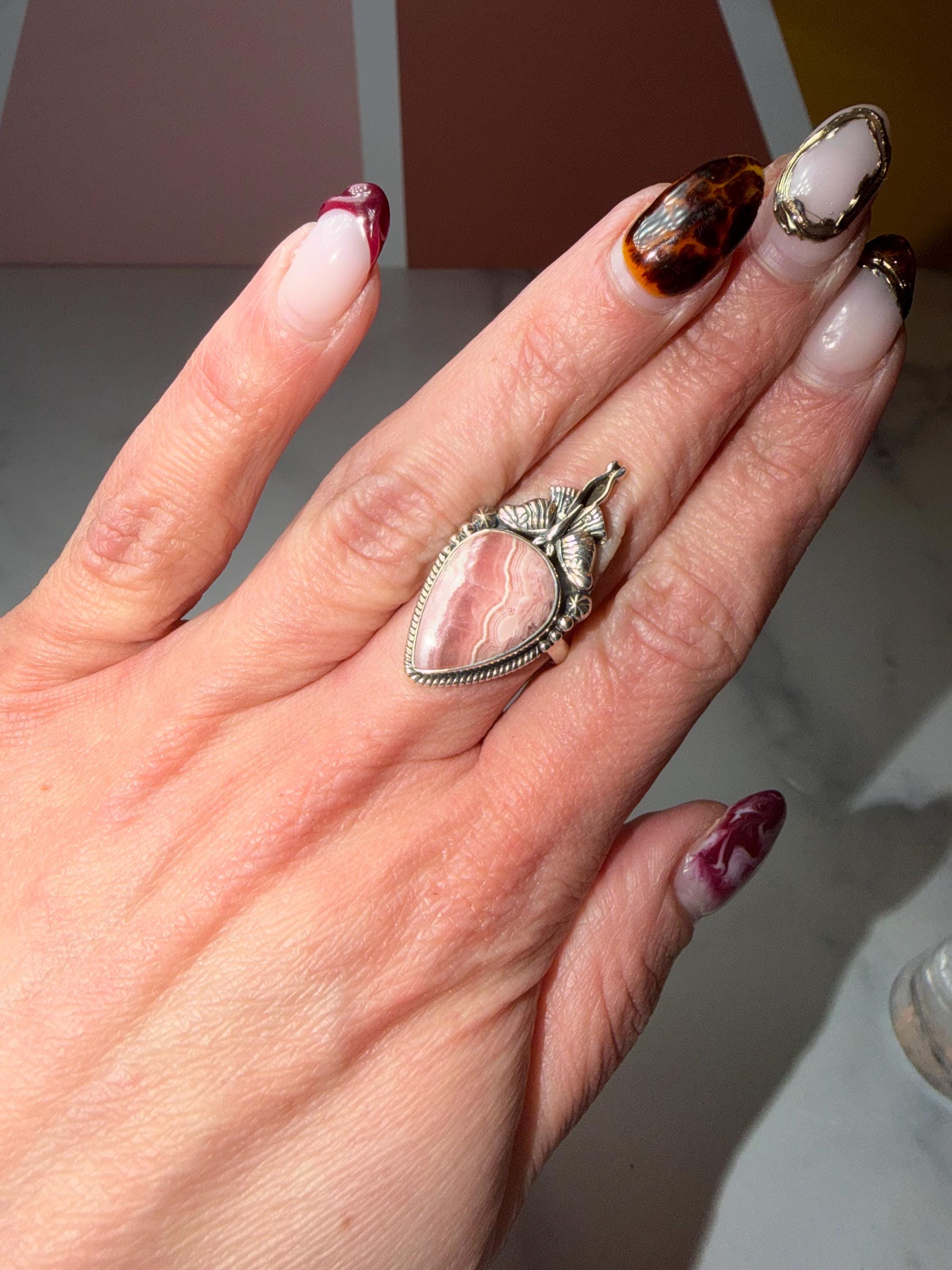 Rhodochrosite Luna Moth Ring • Sterling Silver Celestial Statement Jewelry (size 7) 7