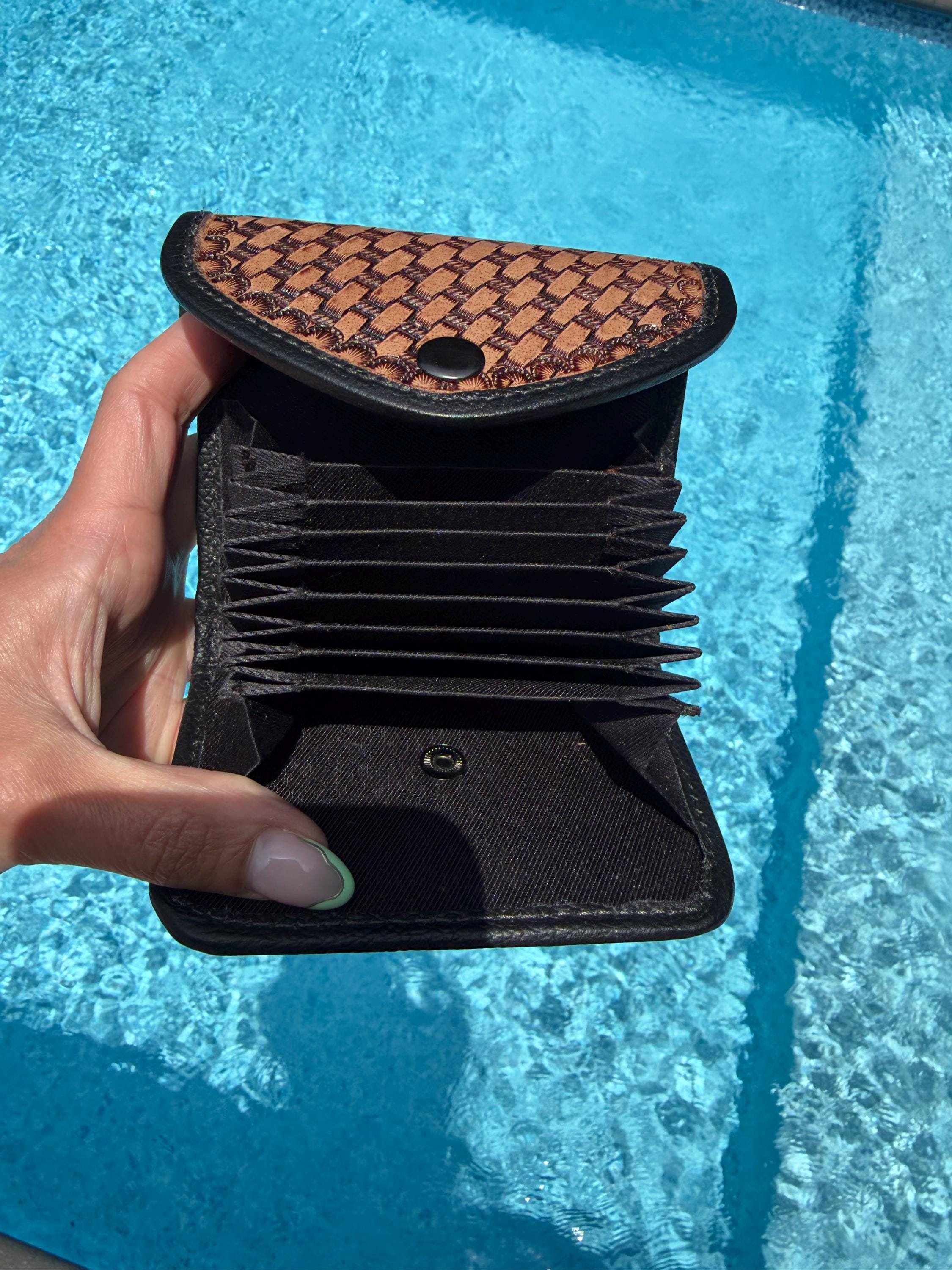 Hand-Tooled Brown Leather Hide Accordion Card Case | Snap Closure Wallet with Wrist Strap 3