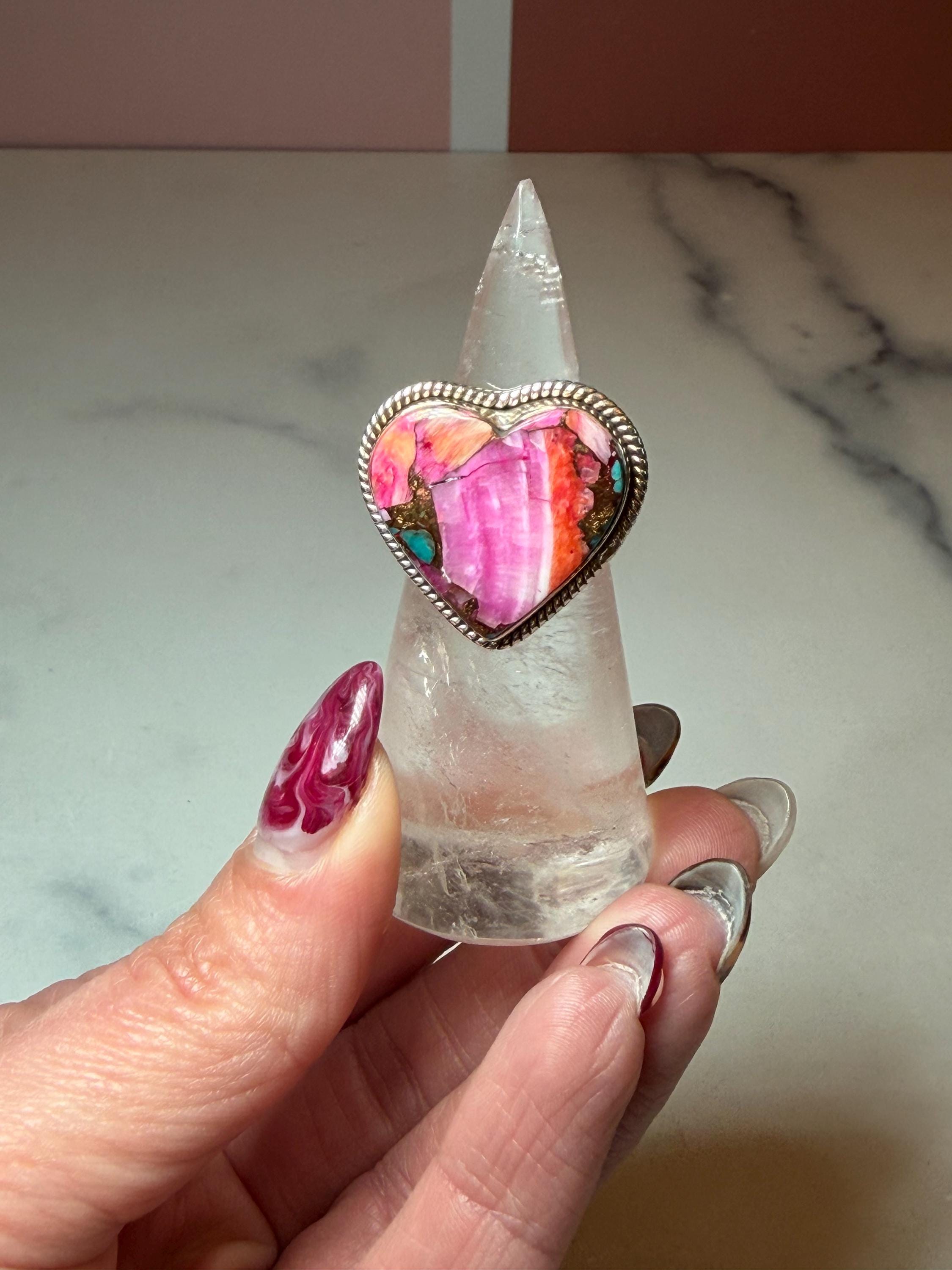 Pink Dahlia Heart Ring • Sterling Silver • Boho Gemstone Jewelry (size 7) 2