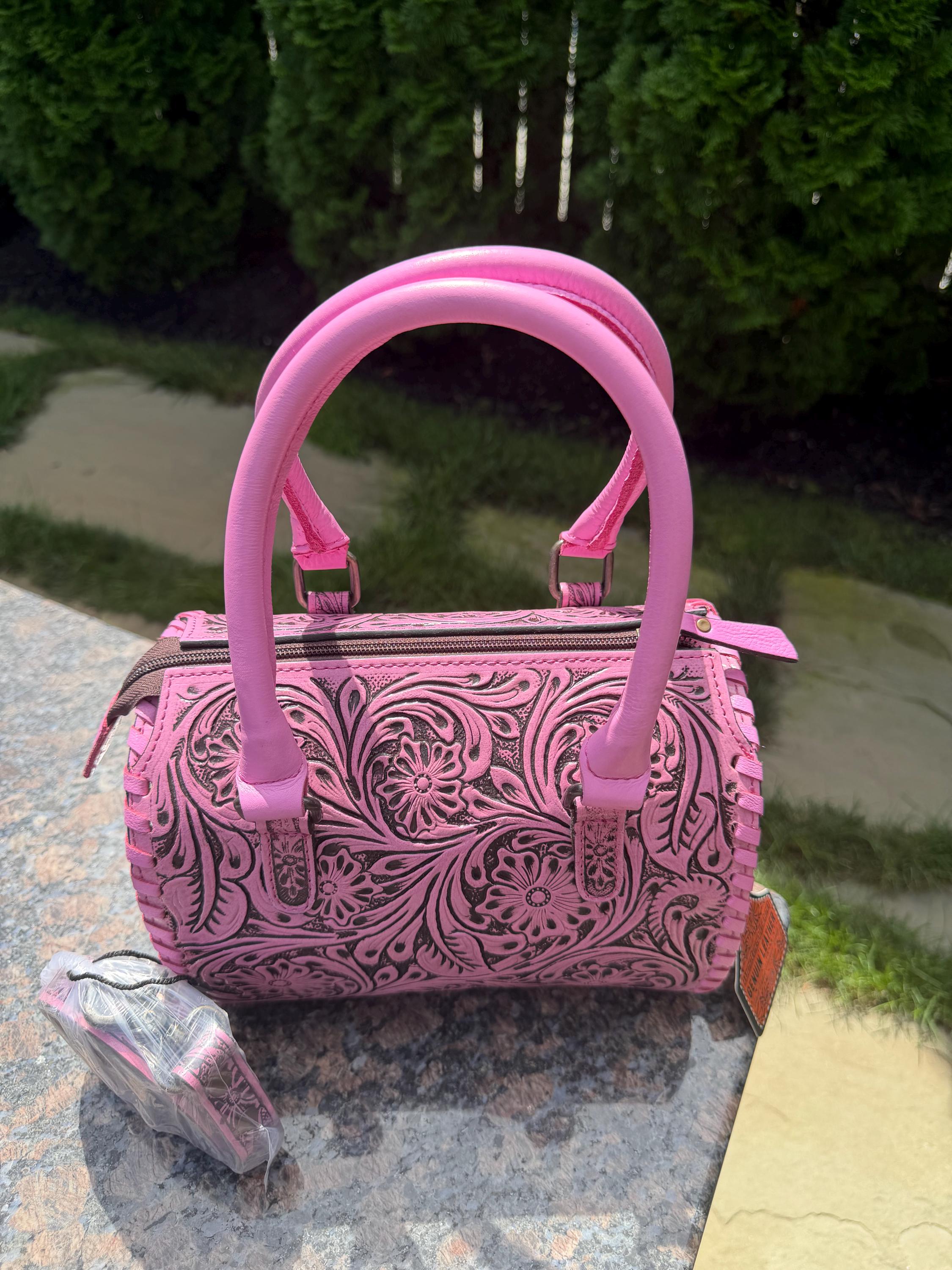 Small Pink Tooled Leather Speedy Bag – Western Floral Handbag 5