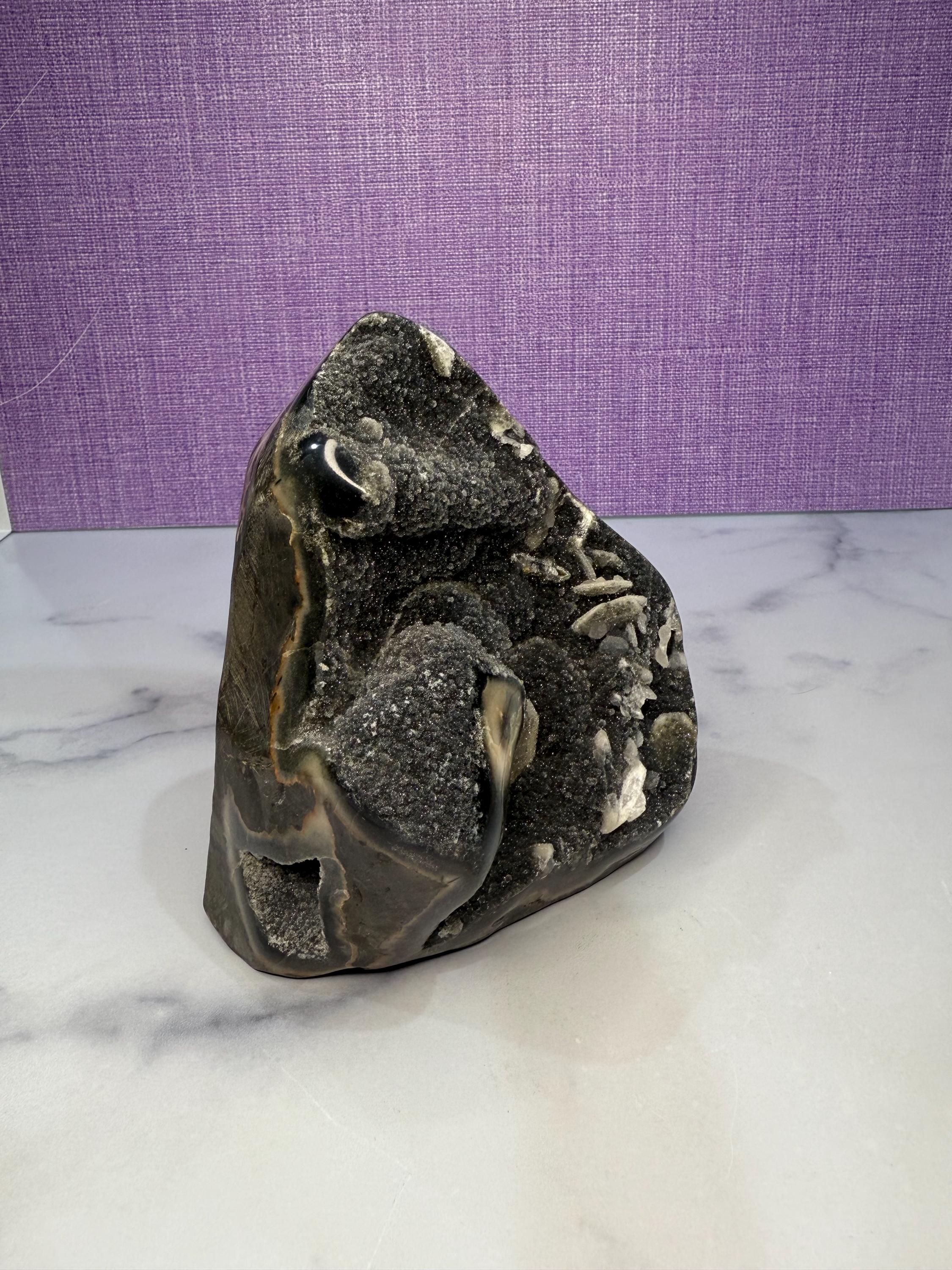 XL Black Amethyst Druzy Cut Base with Calcite • Sparkling Crystal Cluster • Spiritual Decor 9