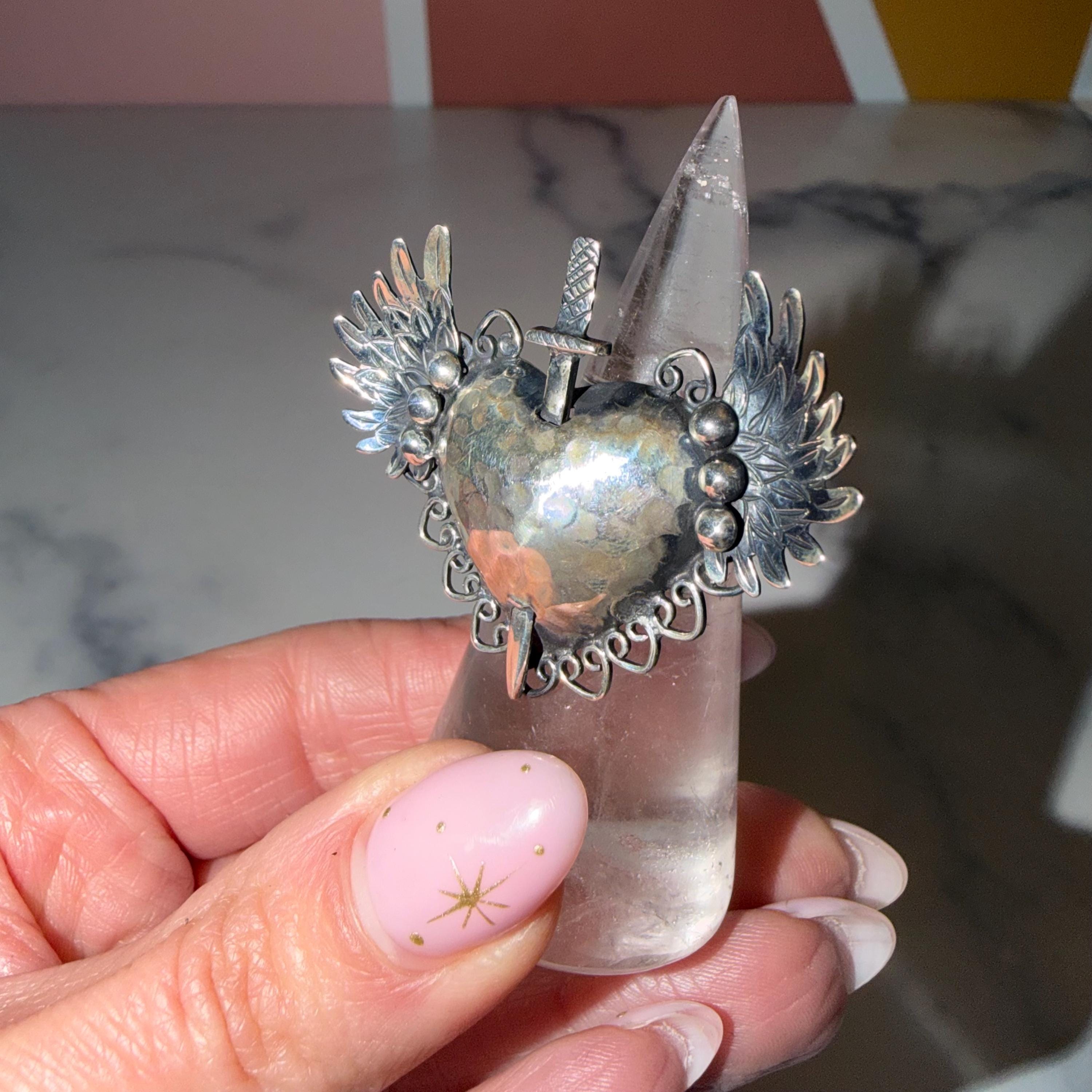 Sacred Heart Dagger Ring • 925 Sterling Silver • Adjustable Size • Gothic Statement Ring • Religious Jewelry 2