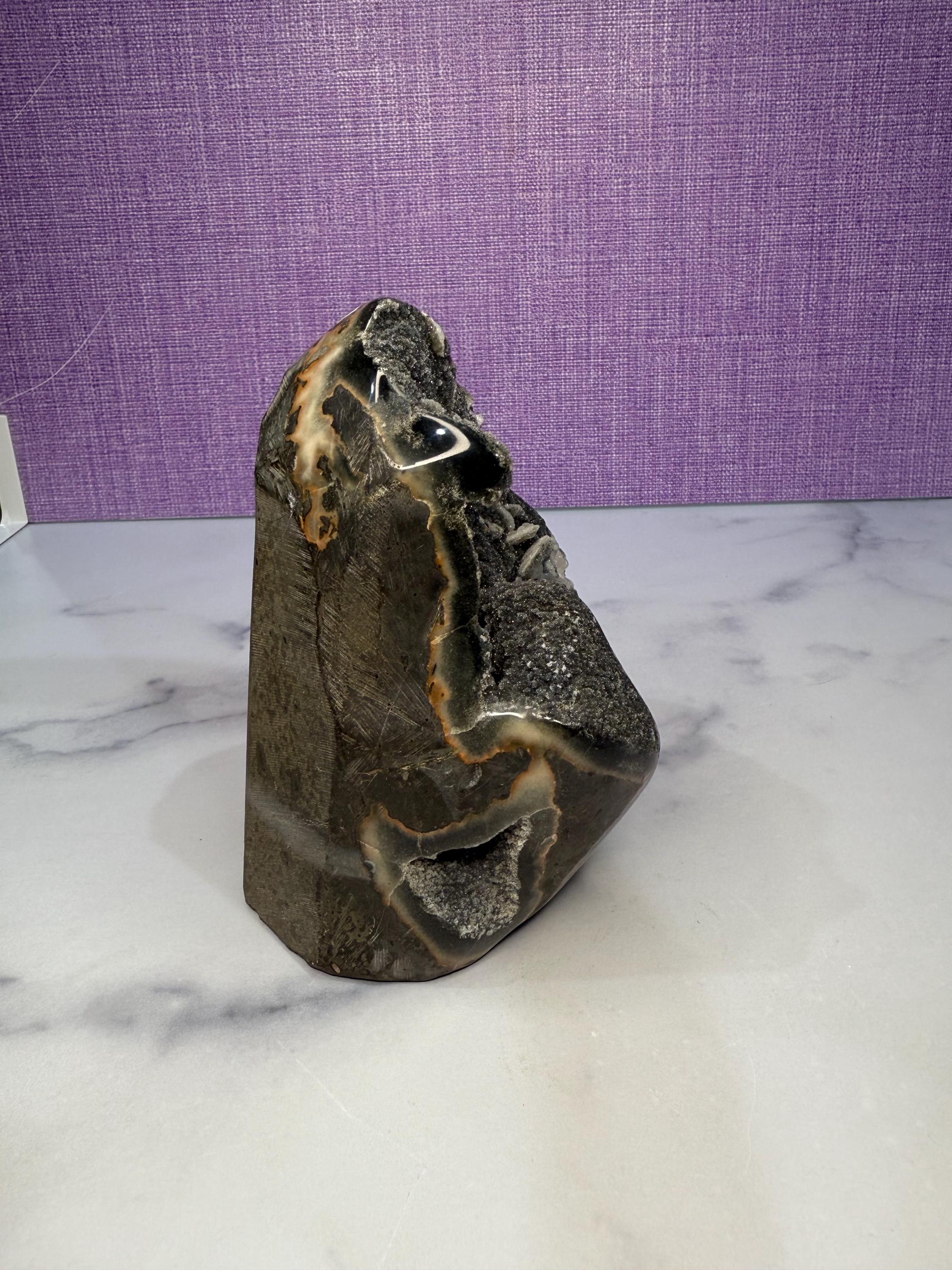XL Black Amethyst Druzy Cut Base with Calcite • Sparkling Crystal Cluster • Spiritual Decor 8